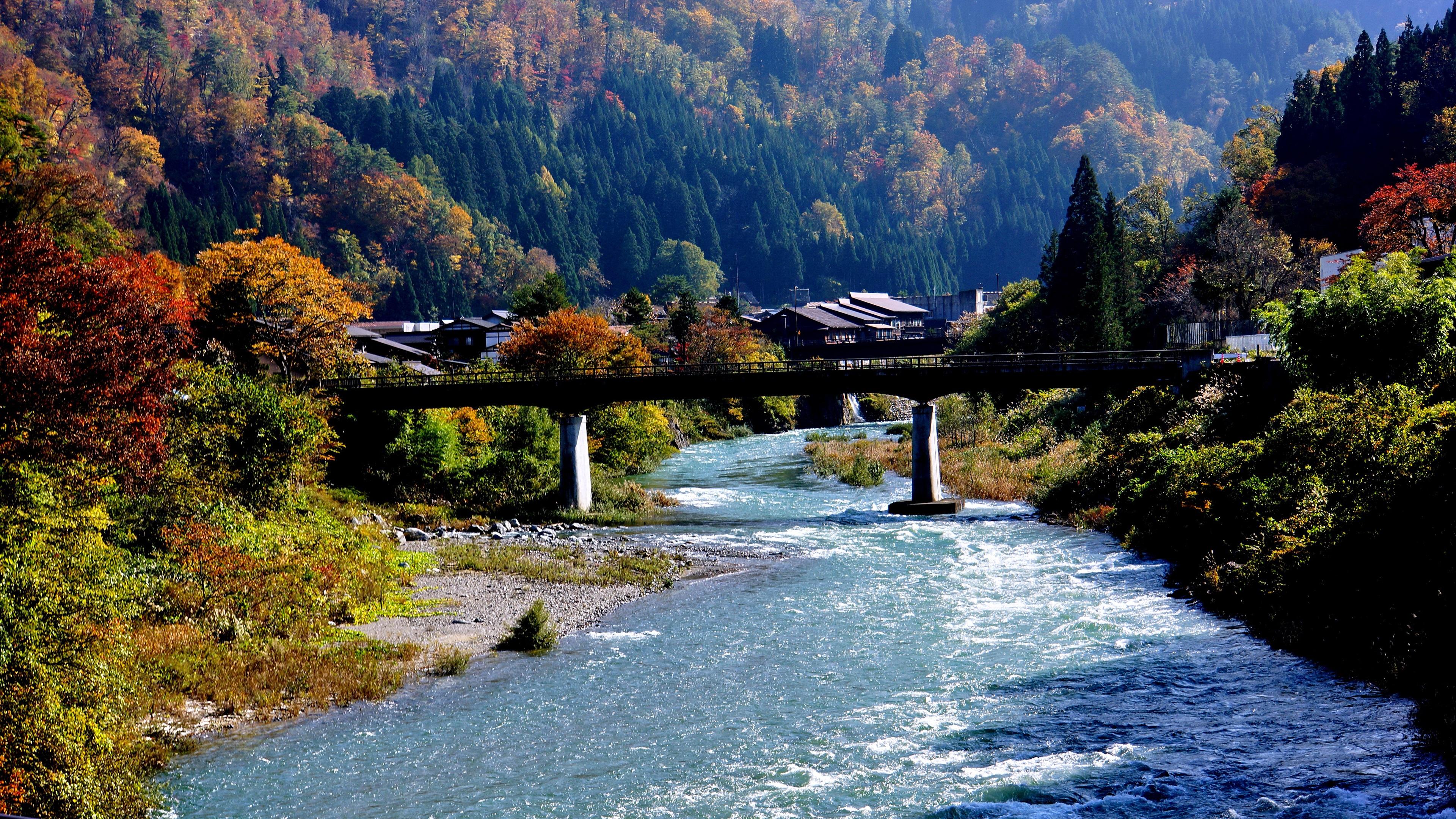 Wallpaper Shirakawa Go, Japan, Village, River, Bridge, Mountain, Trees 3840x2160 UHD 4K Picture, Image