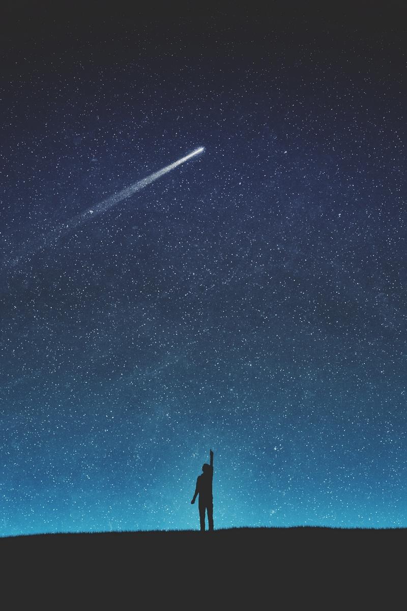 Download wallpaper 800x1200 silhouette, starry sky, shooting star