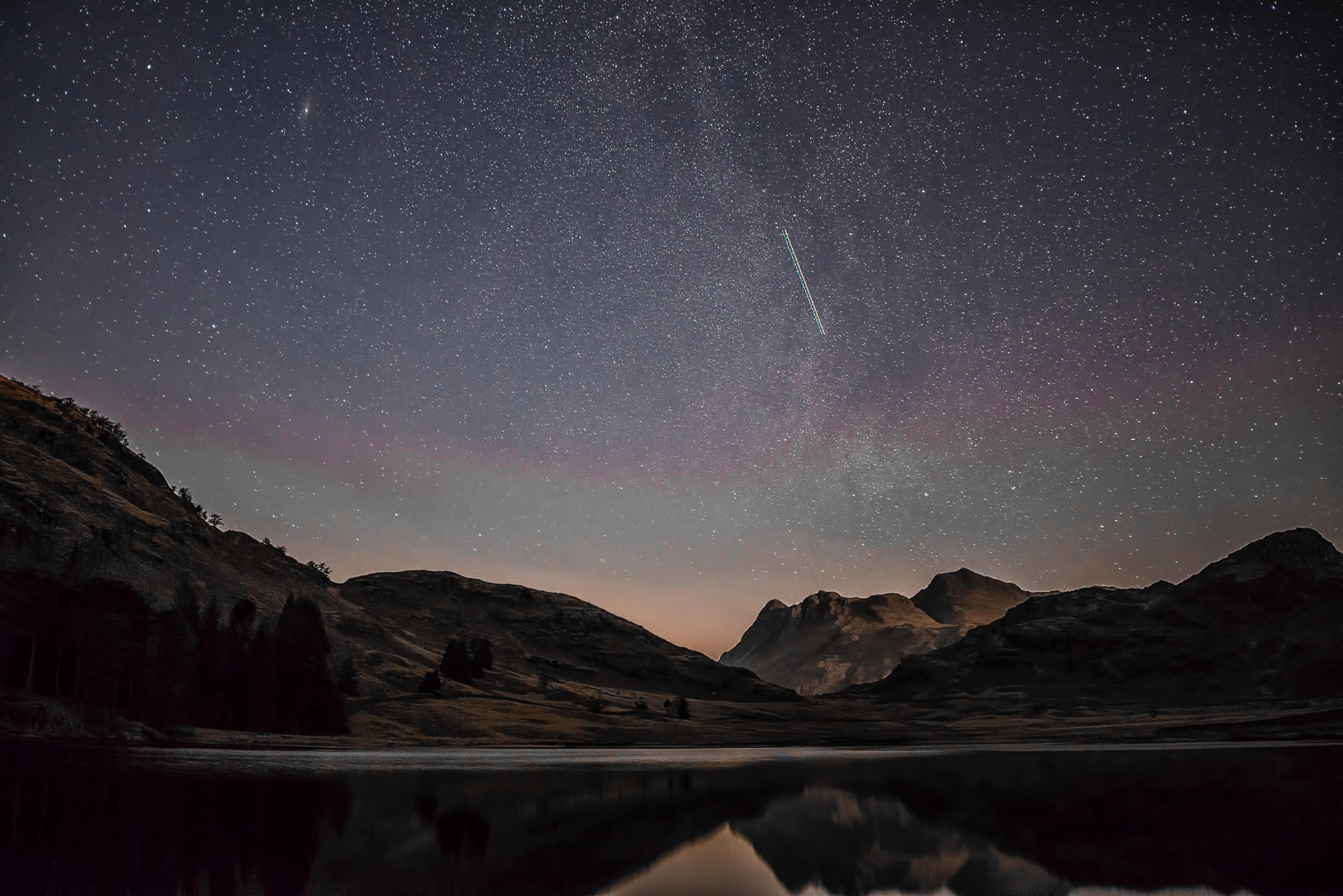 #mountains, #reflection, #shooting star, #nature, #hd, k