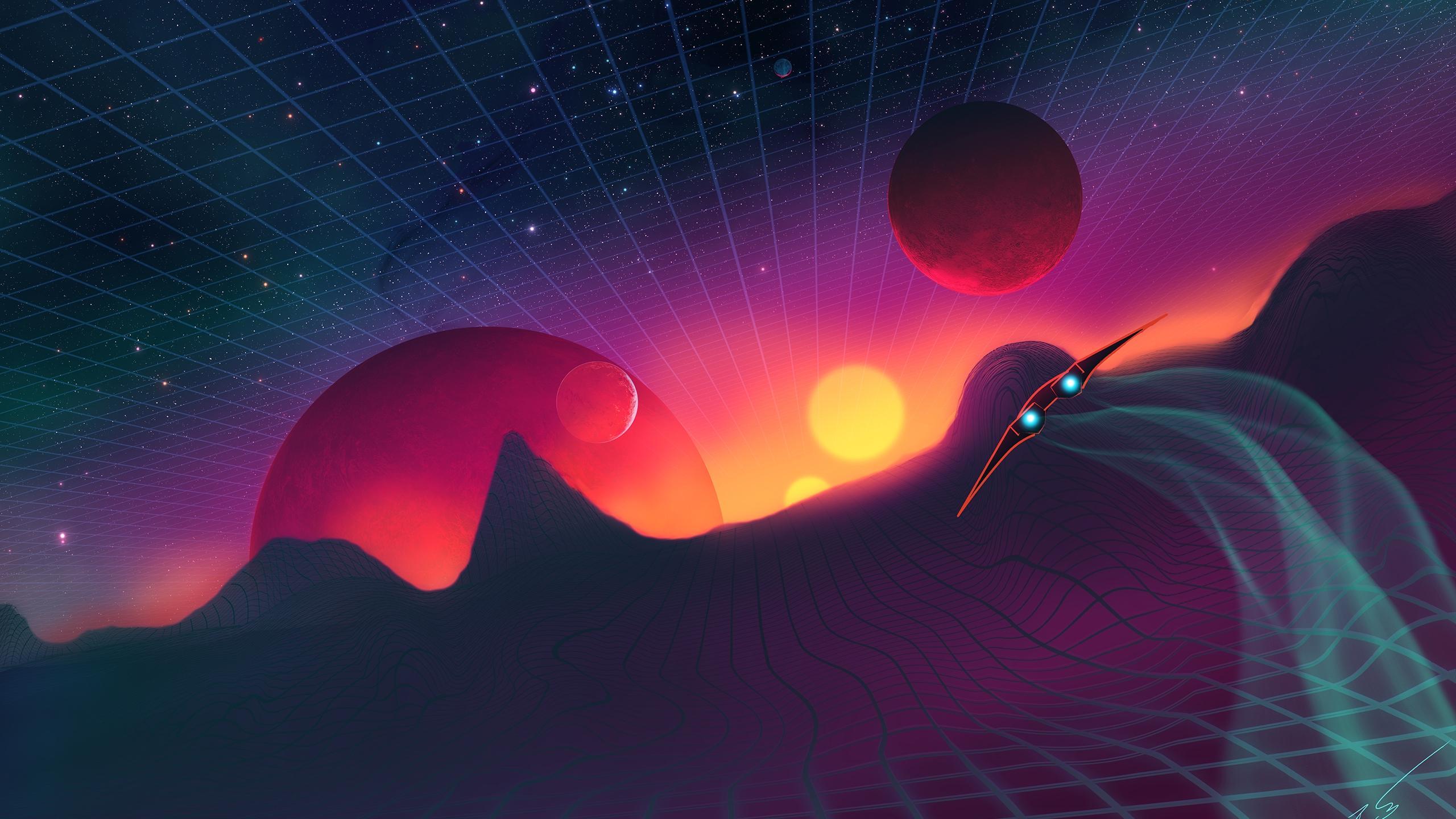 Synthwave Landscape, Planets, Retrowave, Spaceship, Wave