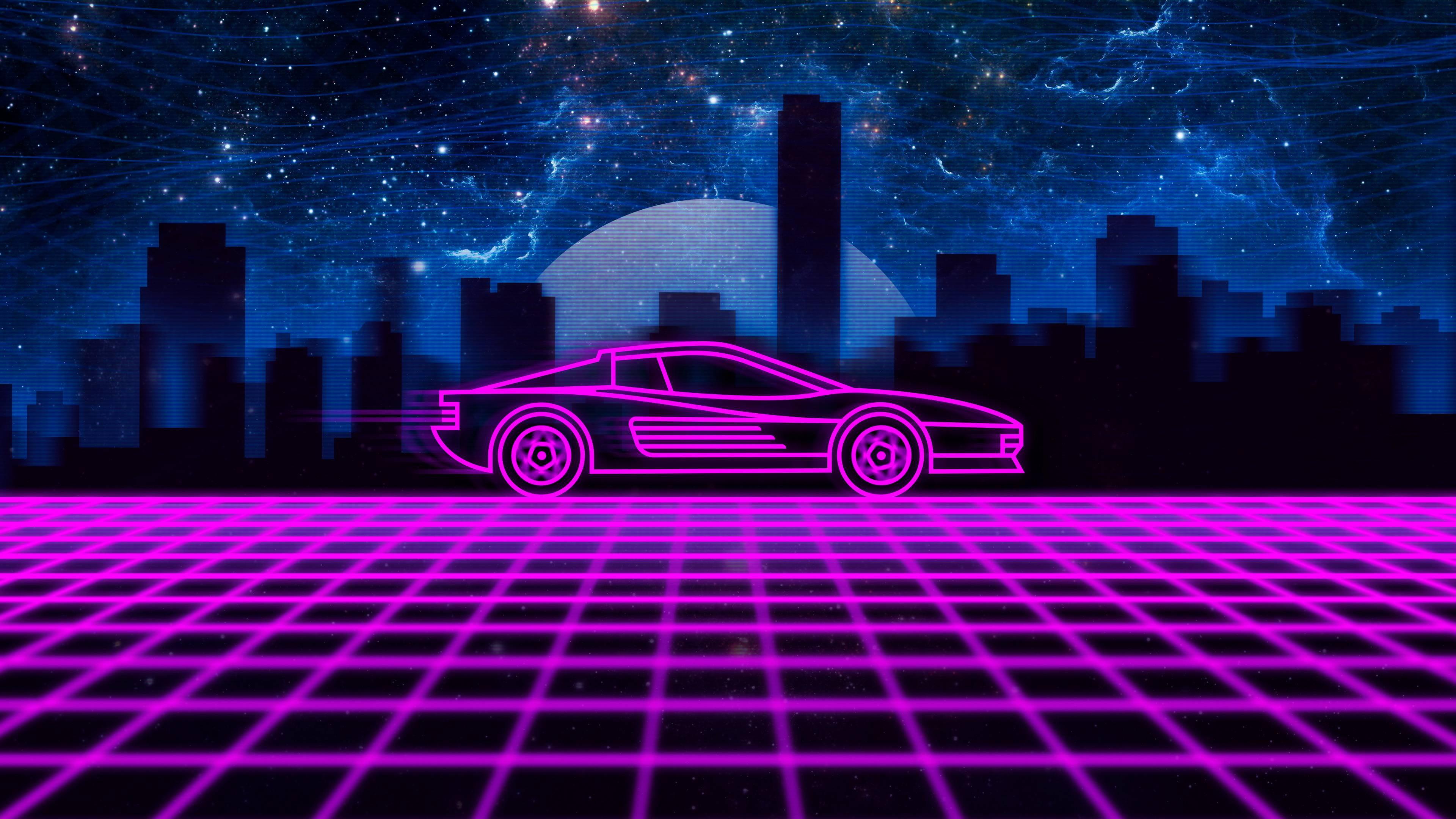 Pink car illustration, synthwave, neon, Retrowave, Ferrari