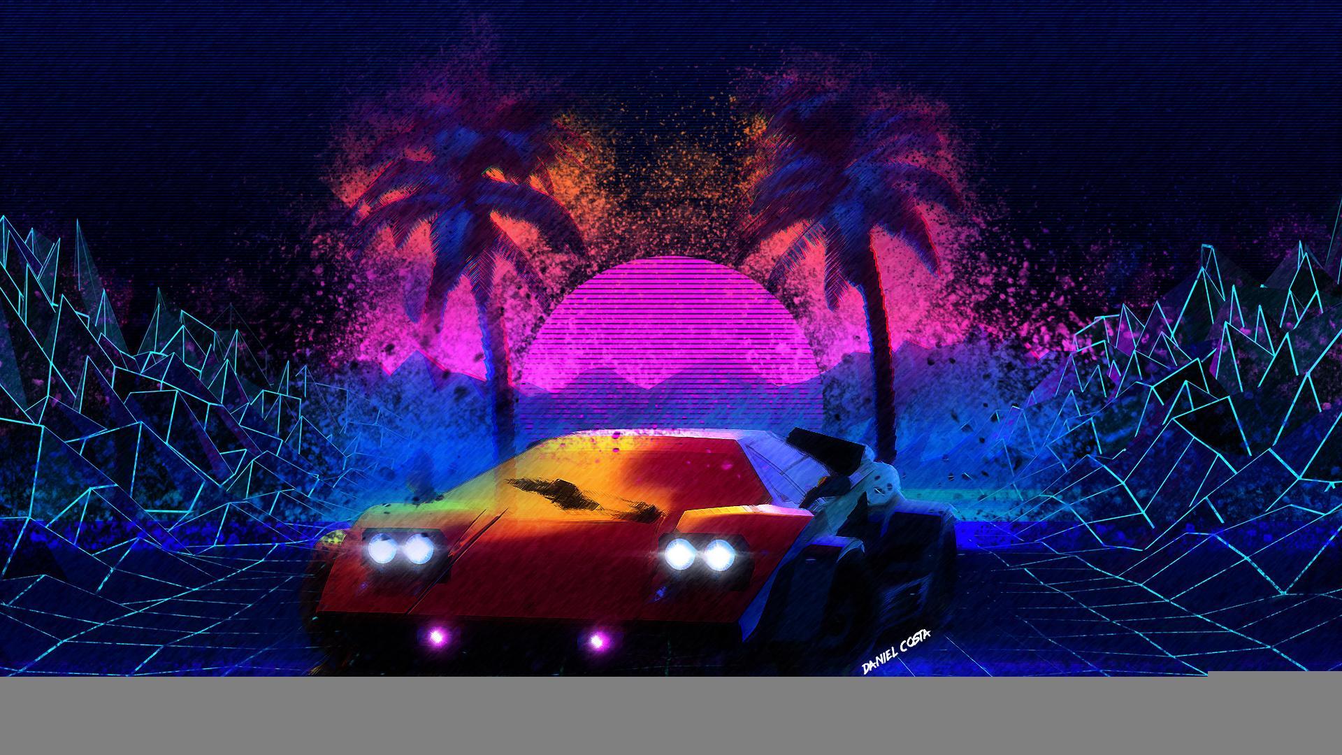 General Synthwave 1980s Car Retrowave Aesthetic Wallpaper