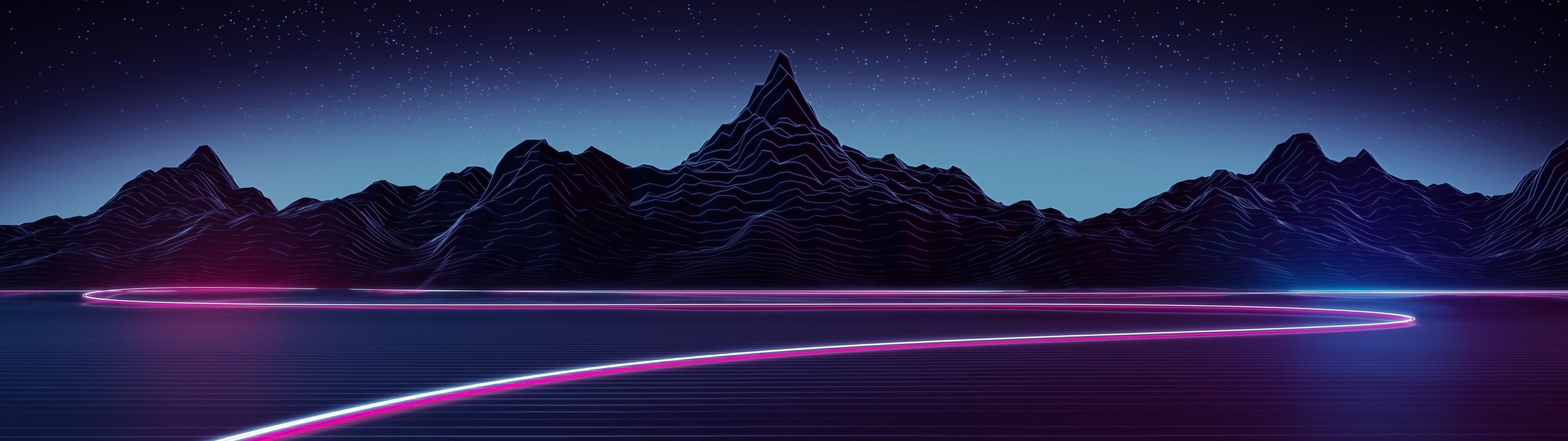 Download 3840x1080 Synthwave, Landscape, Neon Light, Mountain