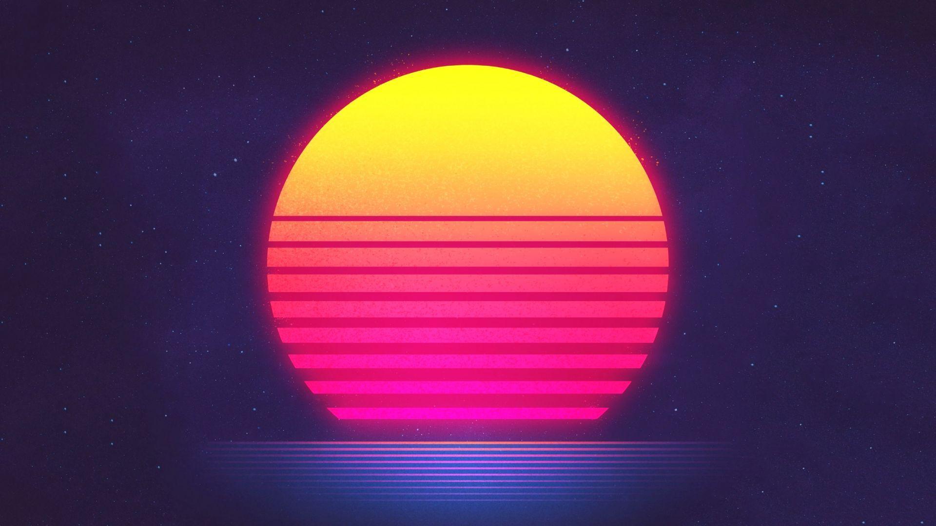 Sunset, Retrowave, Synthwave, HD. Sun illustration