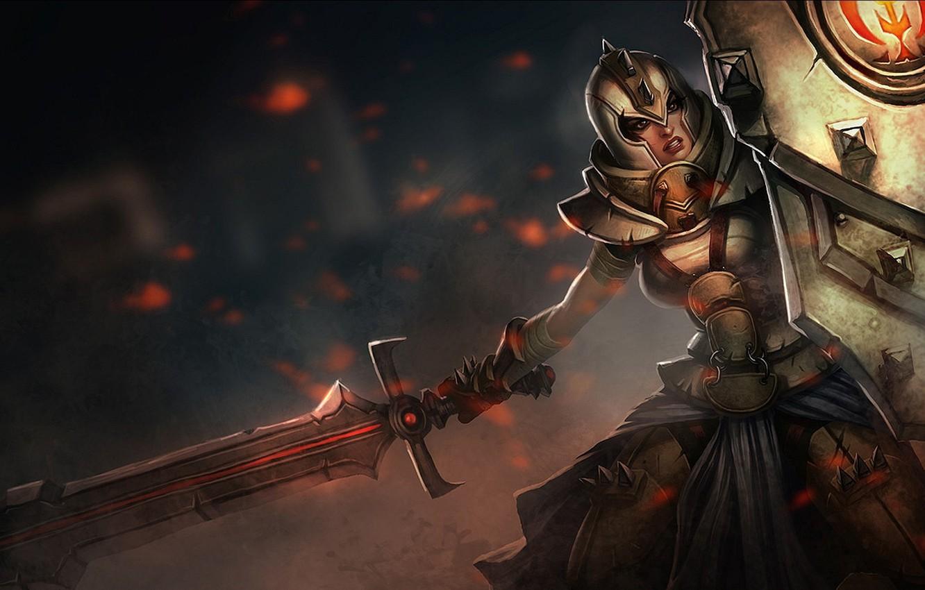 Wallpaper girl, sword, warrior, art, shield, League of Legends