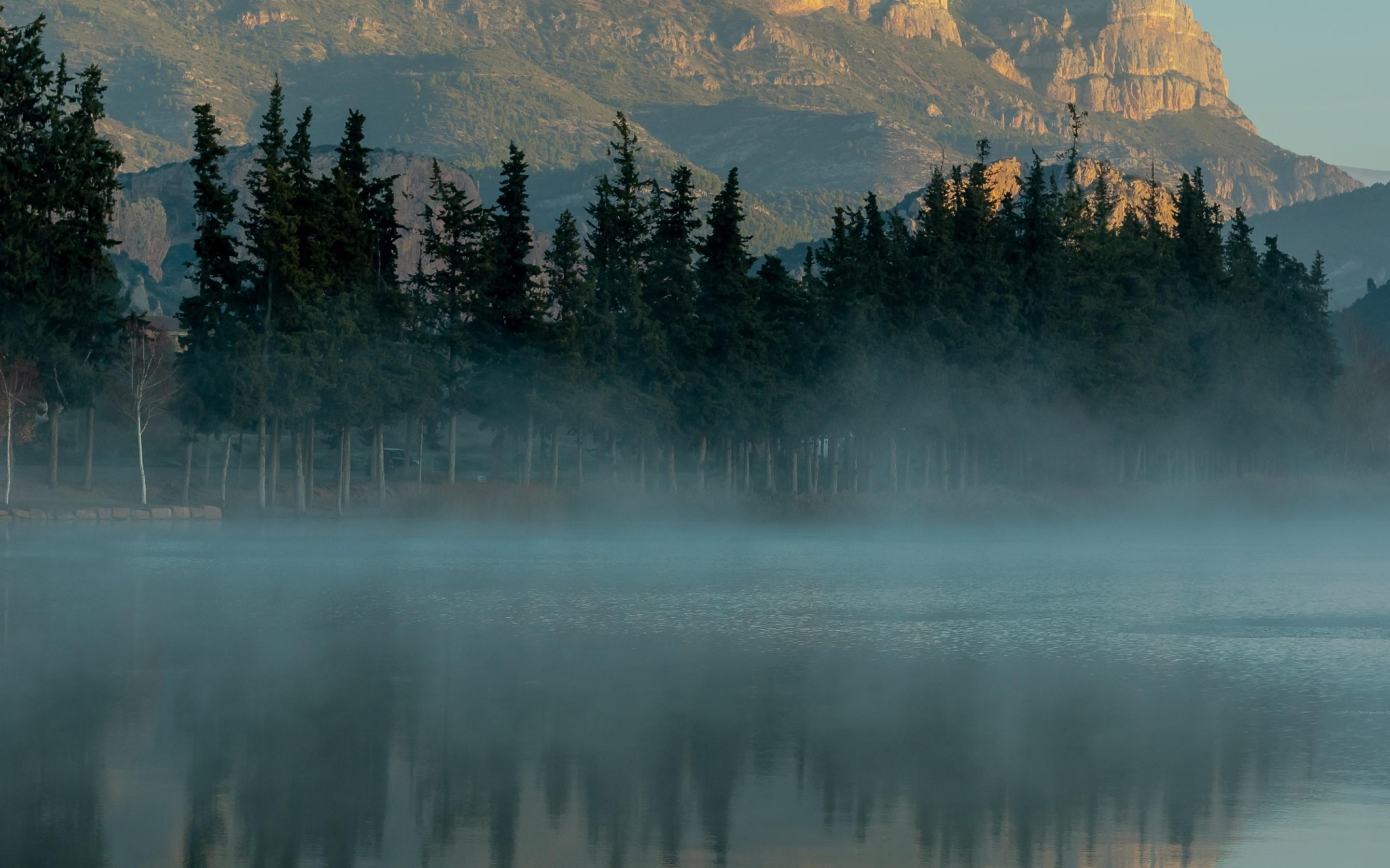Download 2880x1800 Foggy Lake, Forest, Trees, Mountain Wallpaper