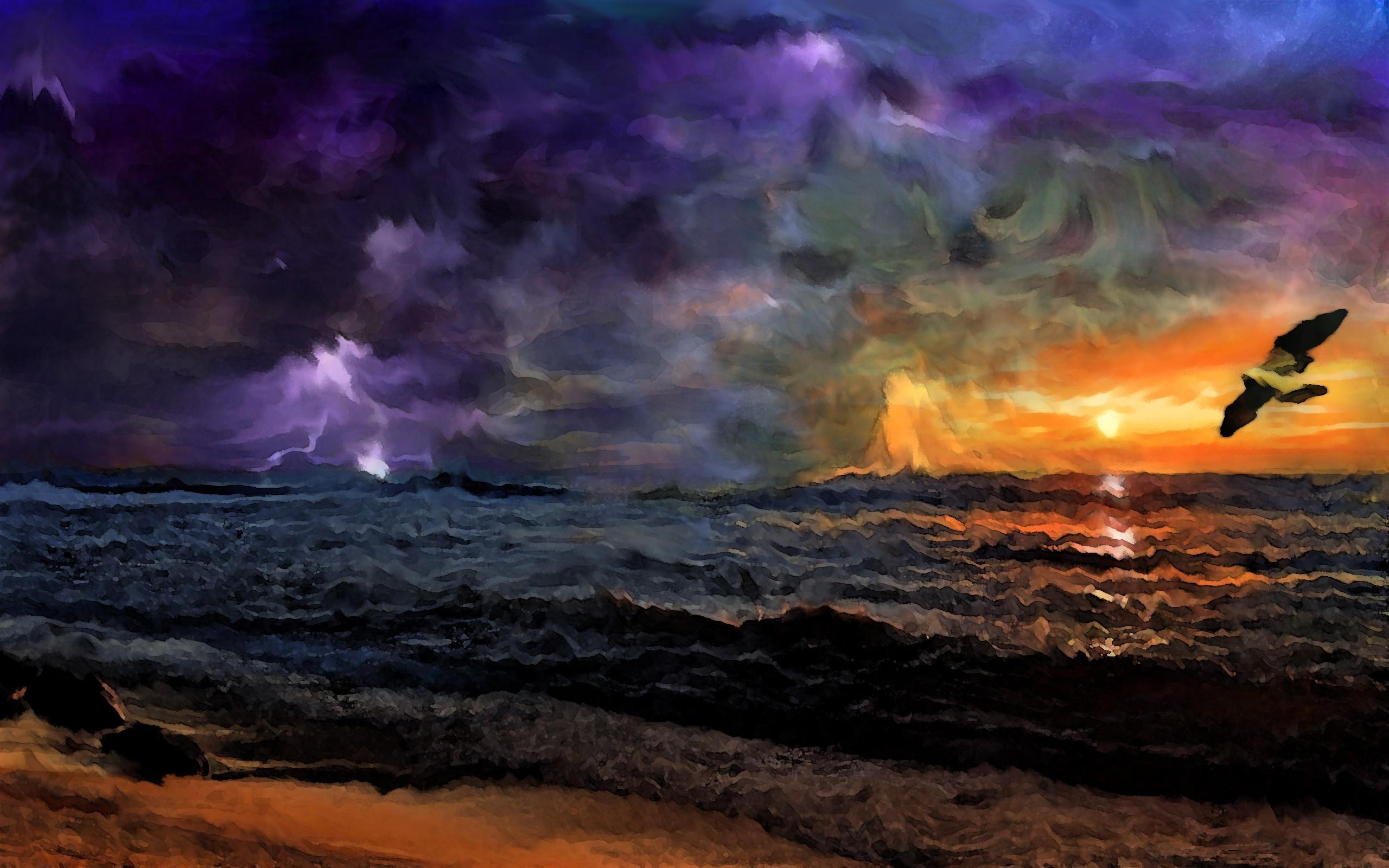 painting sunset storm birds beach wallpaper and background