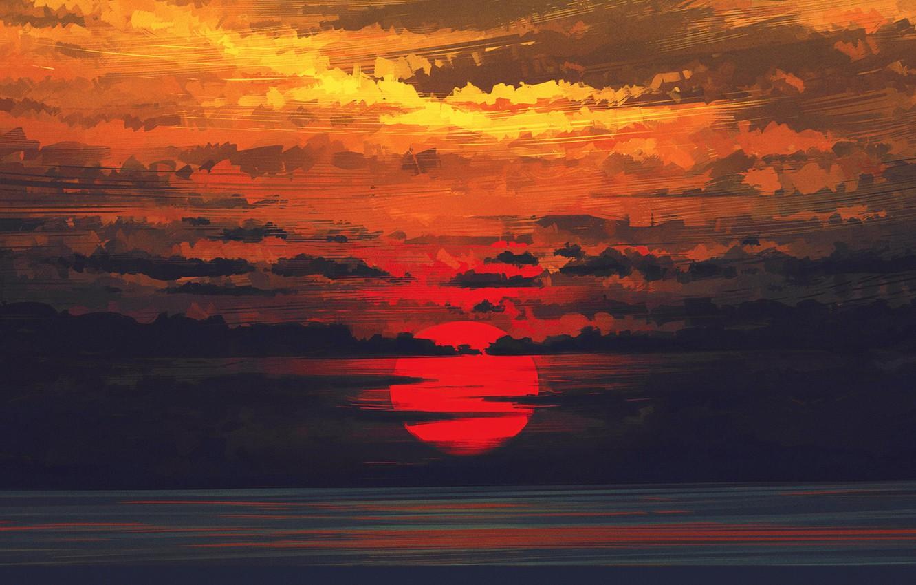 Wallpaper Sunset, The sun, The sky, Clouds, Figure, Aenami