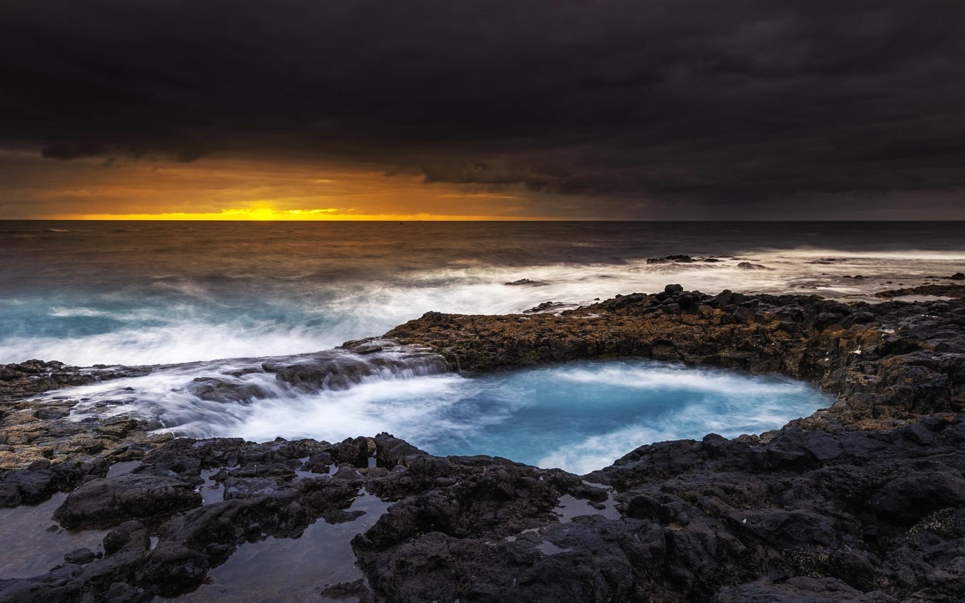 Download wallpaper coast, sunset, evening, rocks, seascape, storm