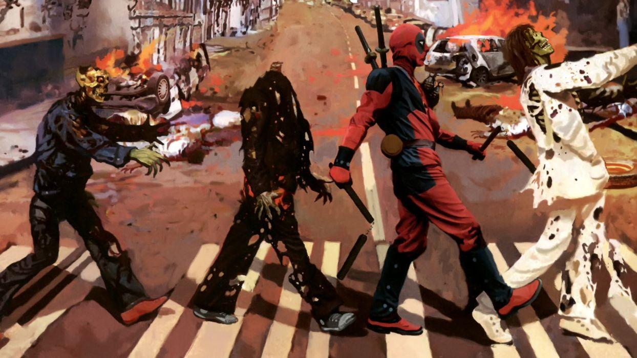 The Beatles Abbey Road Zombie Deadpool Marvel dark wallpaper