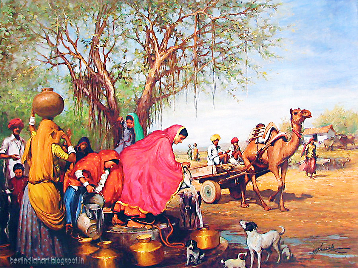 RAJASTHANI VILLAGE A NICE PAINTING FROM INDIA INDIAN ART