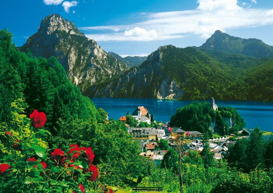 Village view, mountains, hills, austria, grass, lake, slope, coast