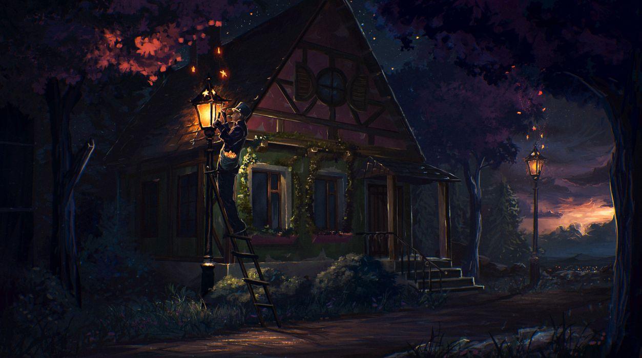 Original fantasy painting male hat tree plant building lantern house