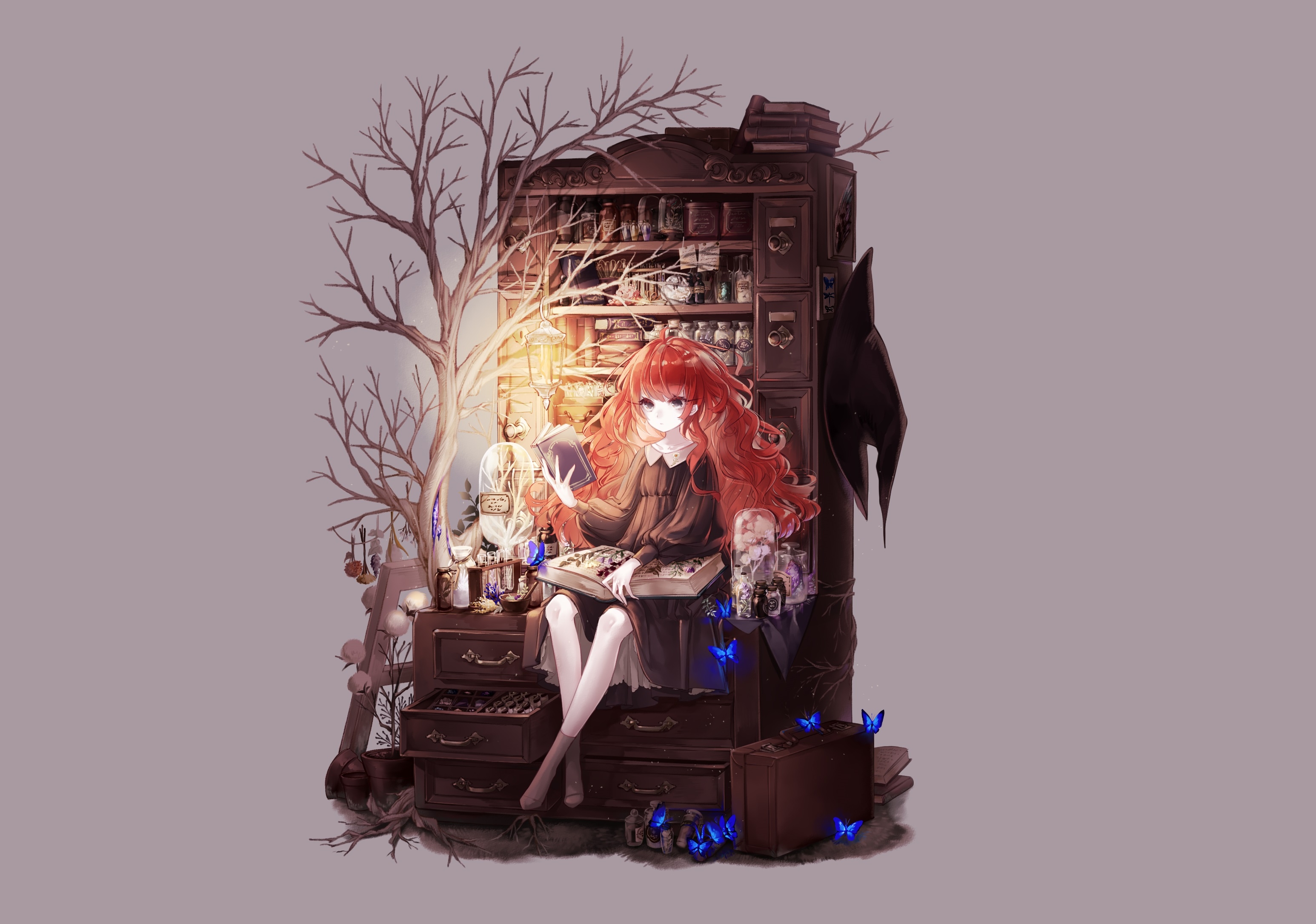 Download 3092x2172 Anime Girl, Red Hair, Book, Lantern, Fantasy