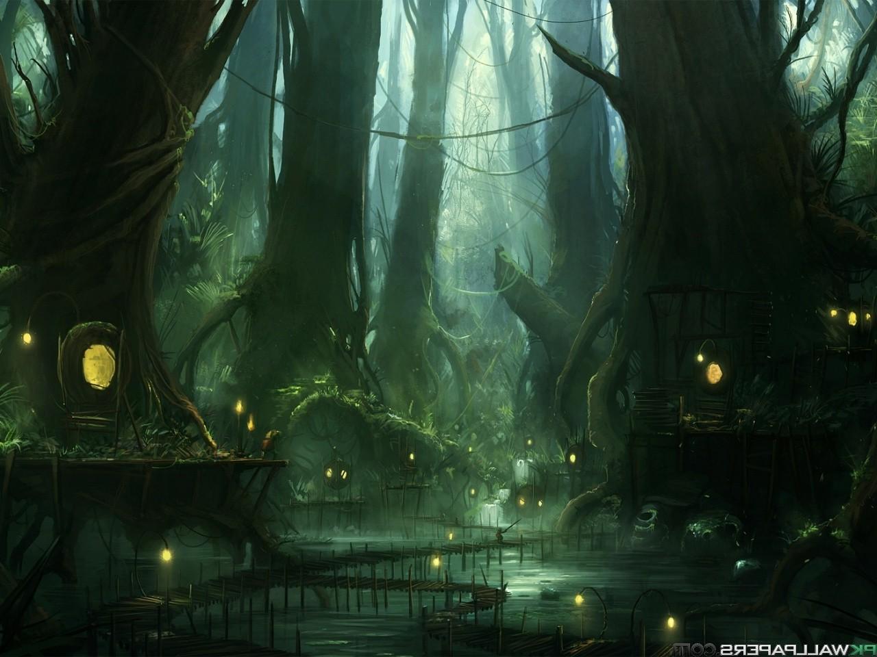 lake, Forest, Fantasy Art, Path, Vines, Lantern Wallpaper HD