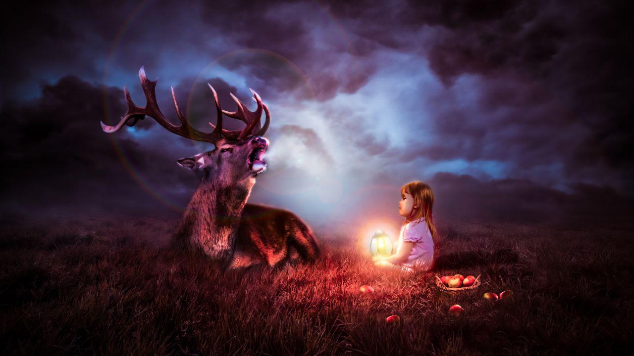 Wallpaper Cute child, Deer, Night, Lantern, Apples, 4K, 8K, Fantasy