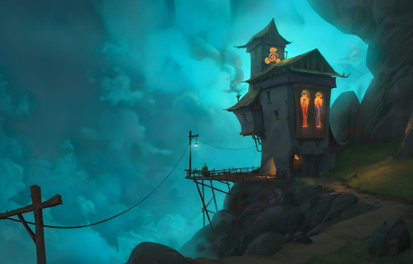 Wallpaper fantasy, figure, evening, waterfall, digital art, artwork