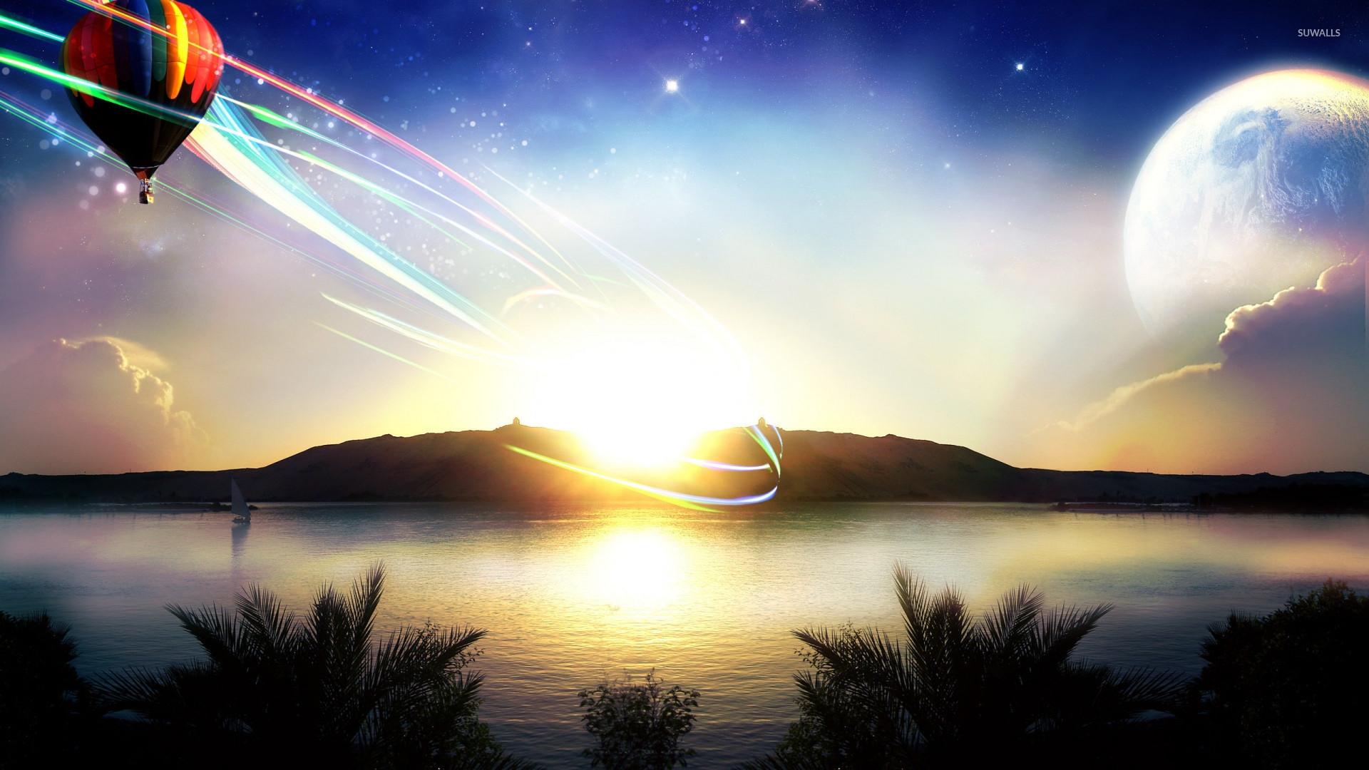 Colorful hot air balloon over the lake wallpaper