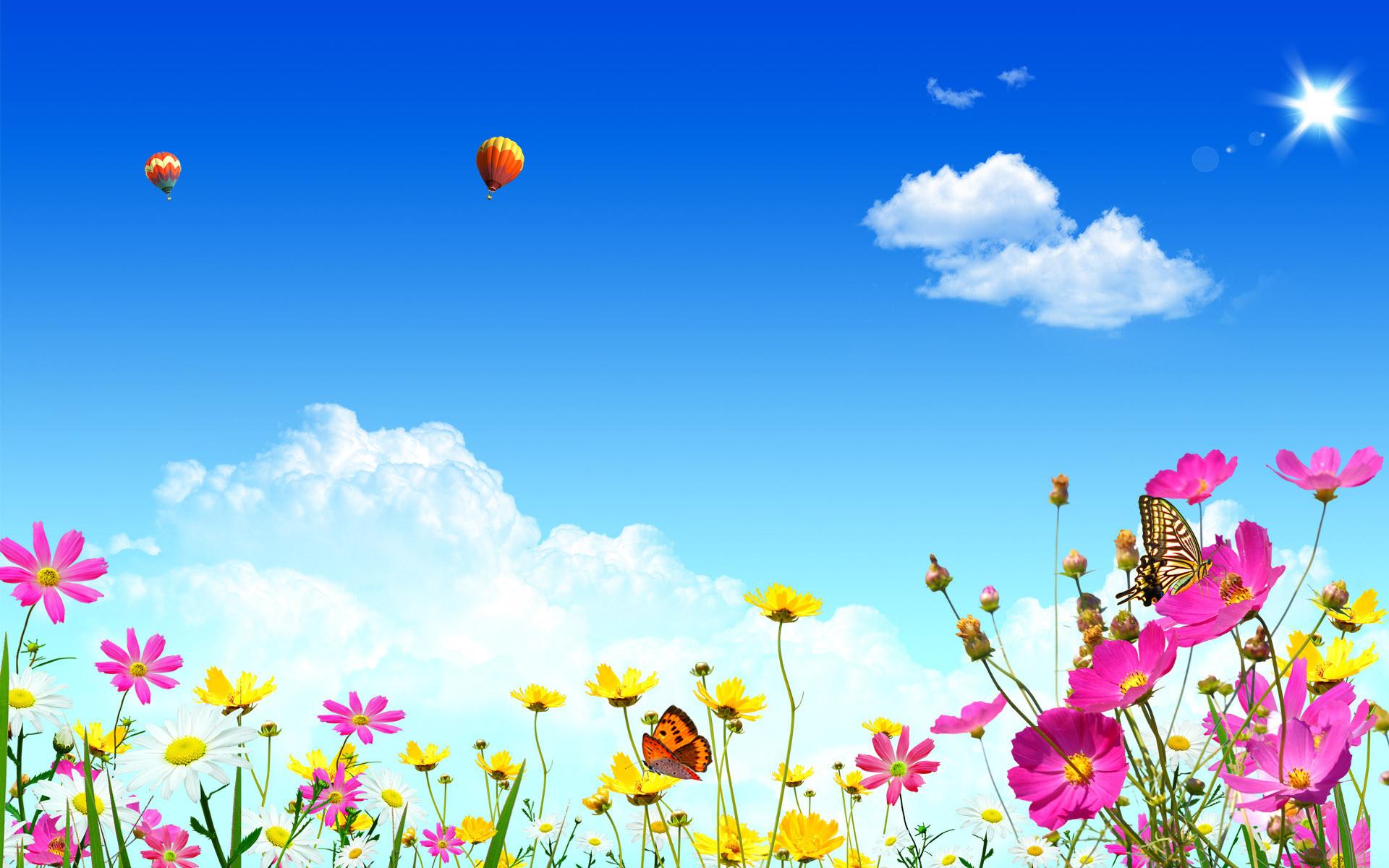 Beautiful Flowers And Air Balloons Over Backgr Wallpaper