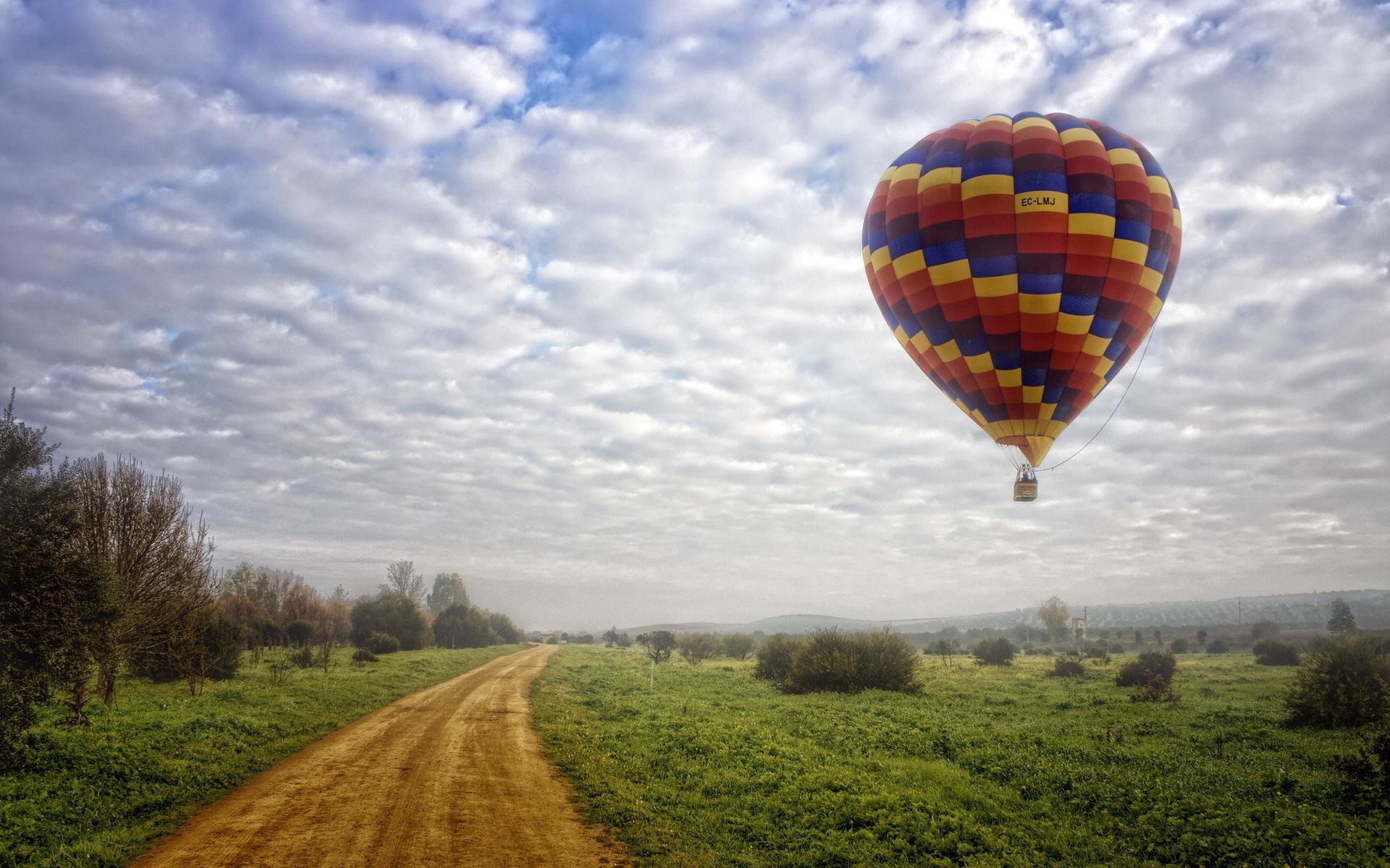 Colorful hot air balloon above the field HD desktop wallpaper