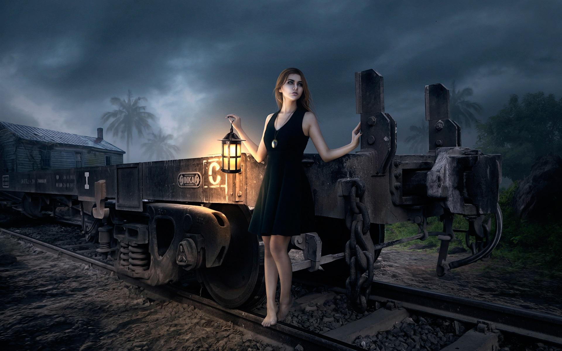 Wallpaper Fantasy girl, train, lantern 1920x1200 HD Picture, Image