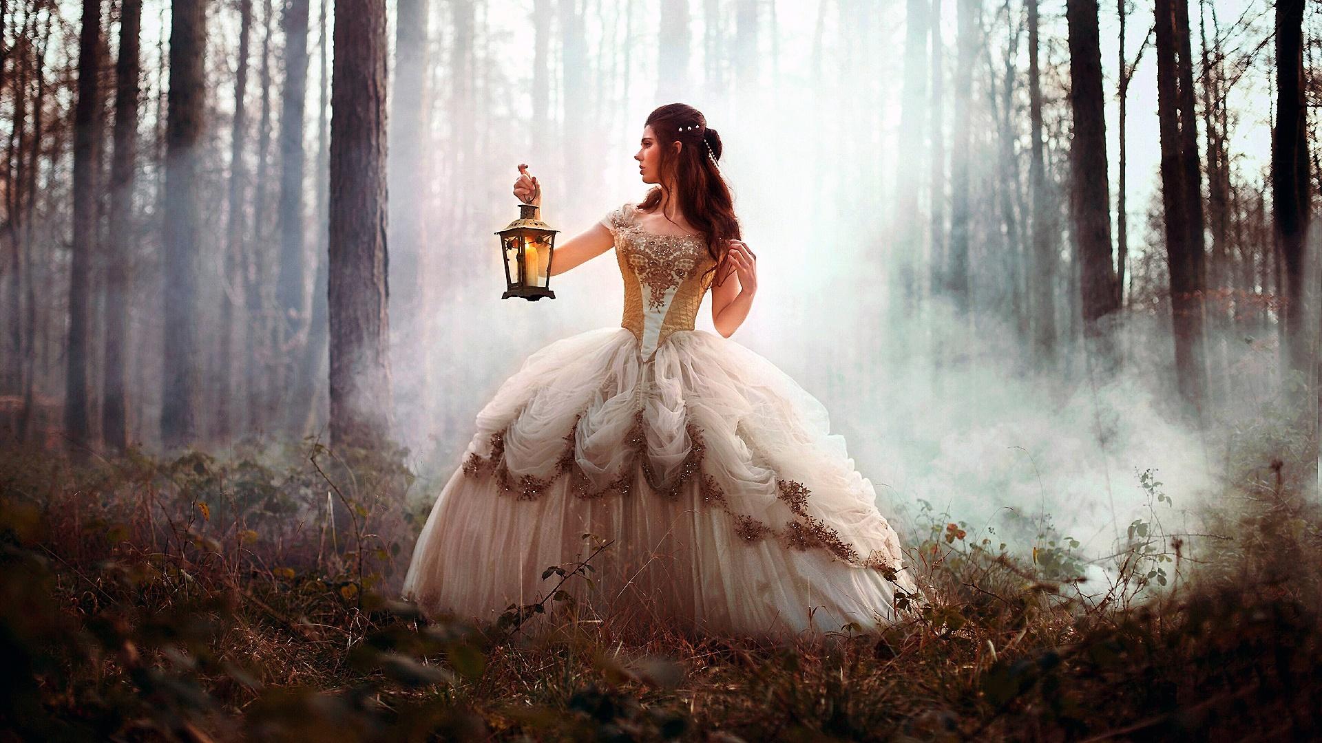 Girl In Vintage Dress At The Forest With Lantern HD Wallpaper