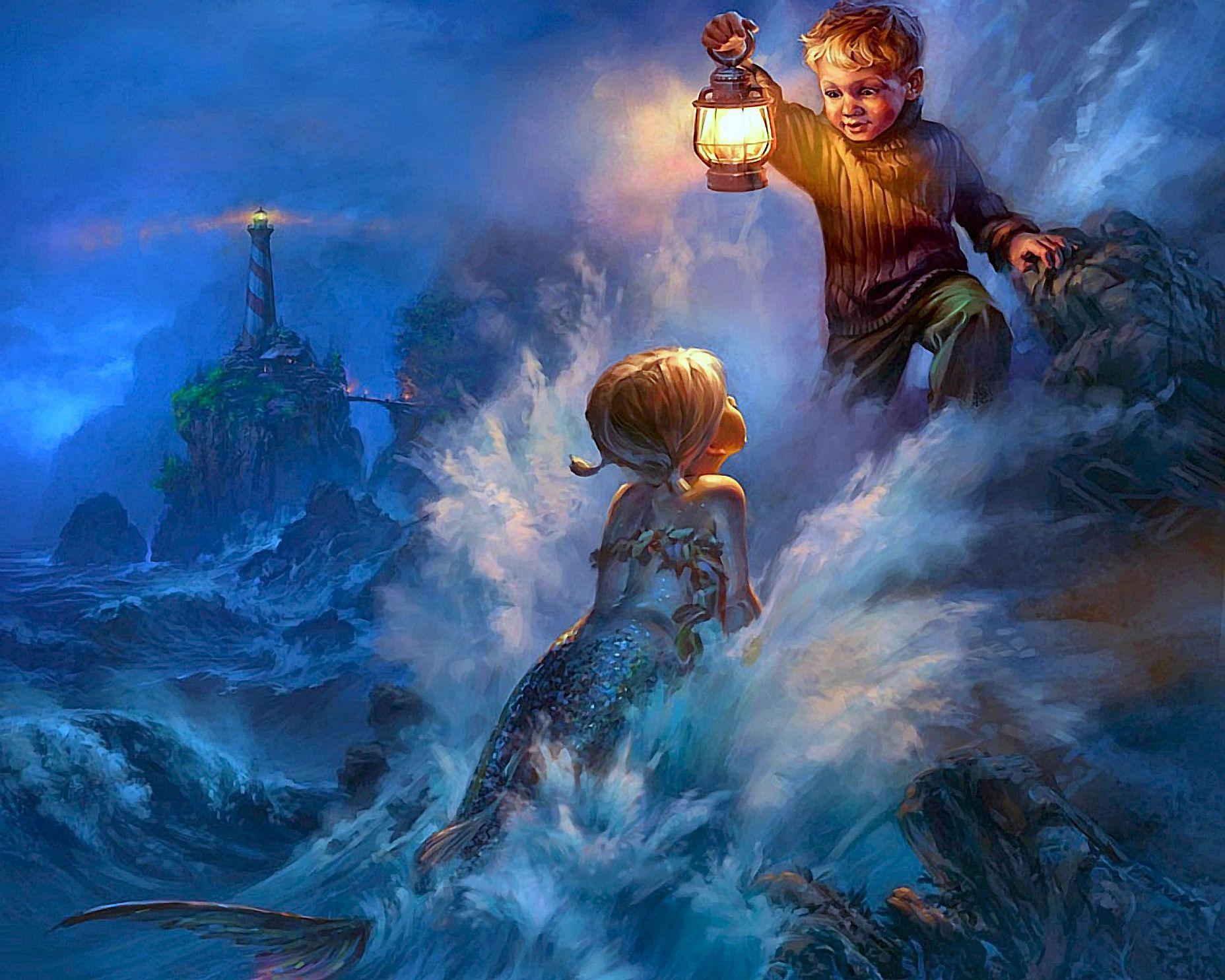 mermaid, 3D, artwork, boy, Brother, child, Family, fantasy, kids