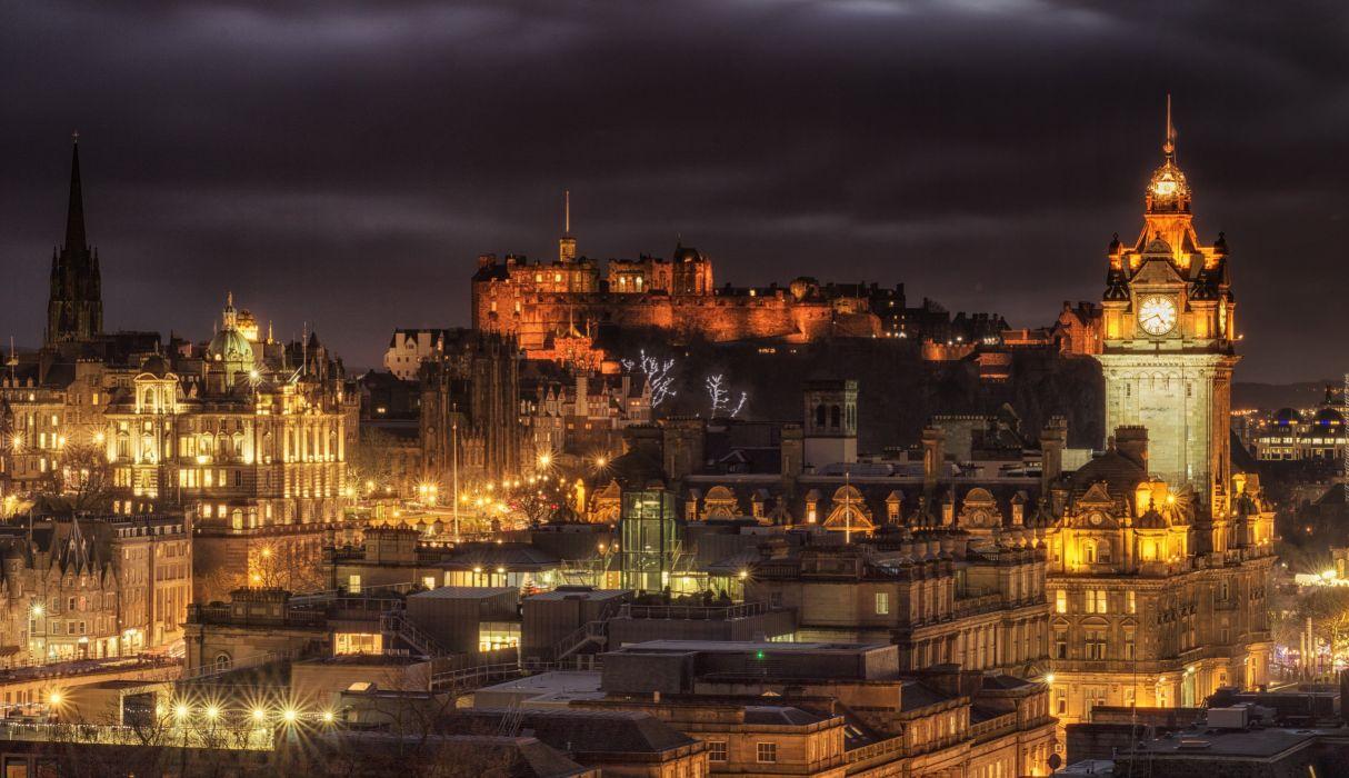 Scotland Houses Castles Clock Night Street lights Edinburgh Castle
