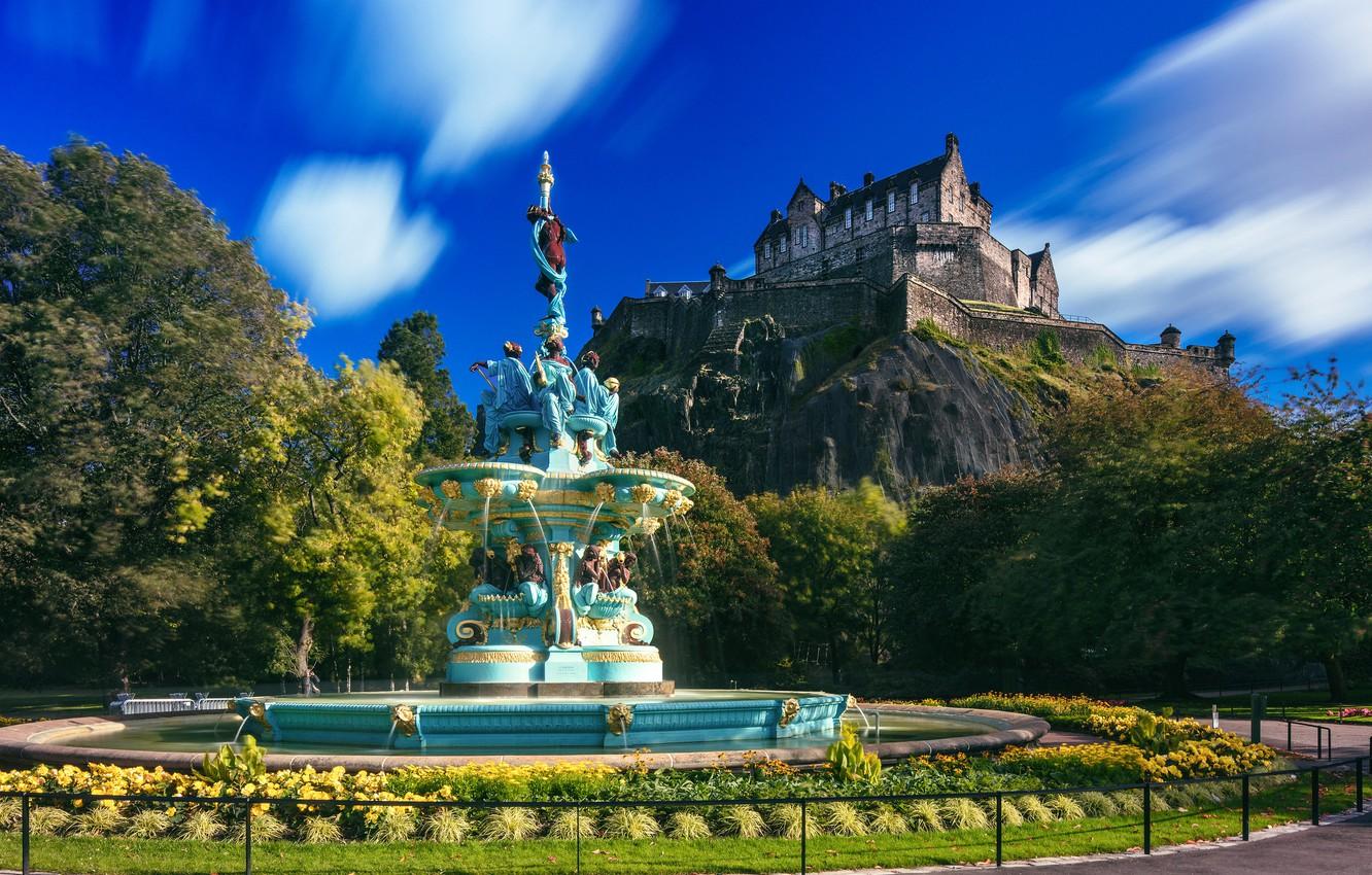 Wallpaper trees, rock, Park, castle, Scotland, fountain, Scotland, Edinburgh, Edinburgh, Edinburgh castle, Edinburgh Castle, Ross Fountain, Castle Rock, Castle rock image for desktop, section город