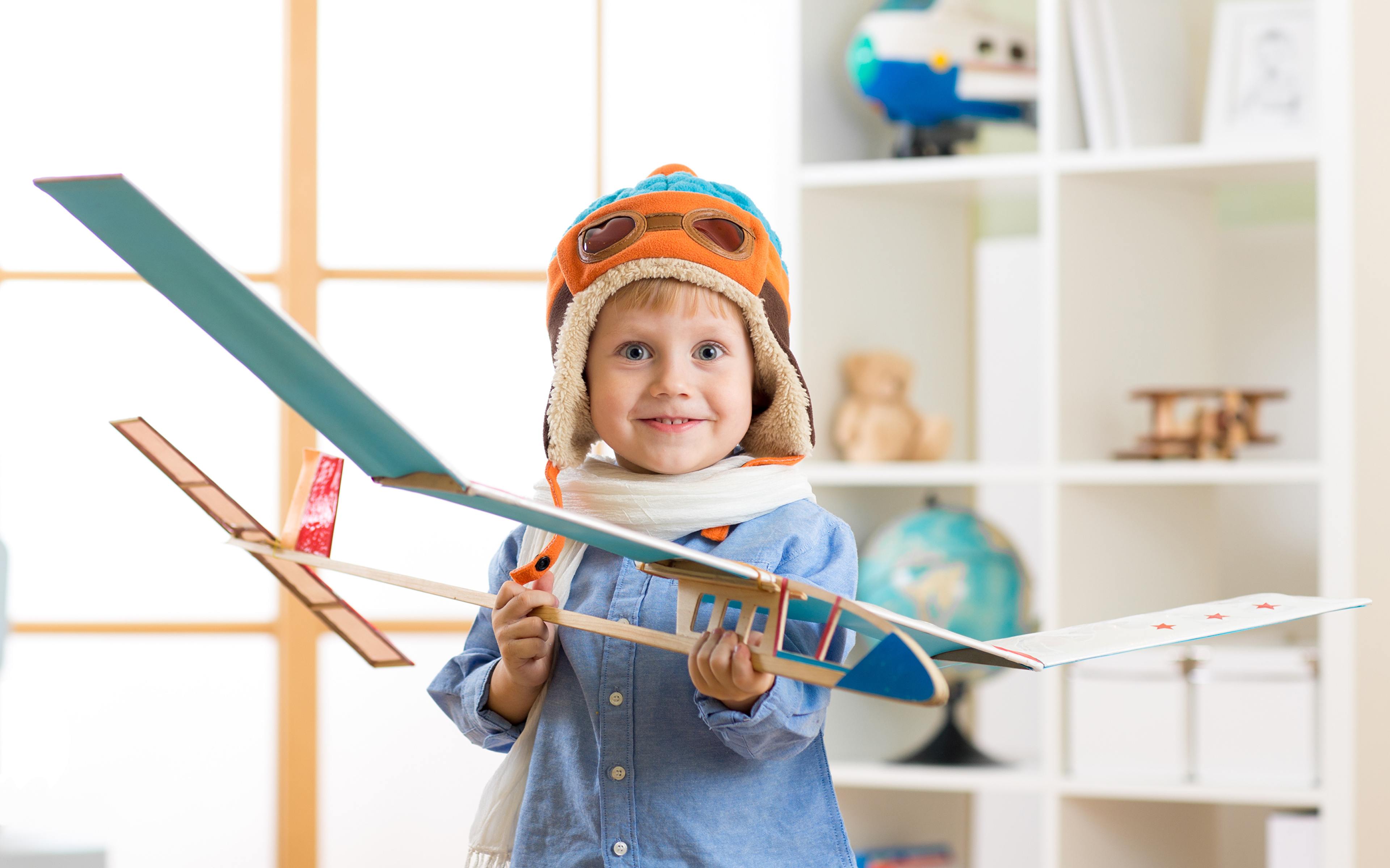 Wallpaper Boys Airplane Smile Children Winter hat Toys 3840x2400