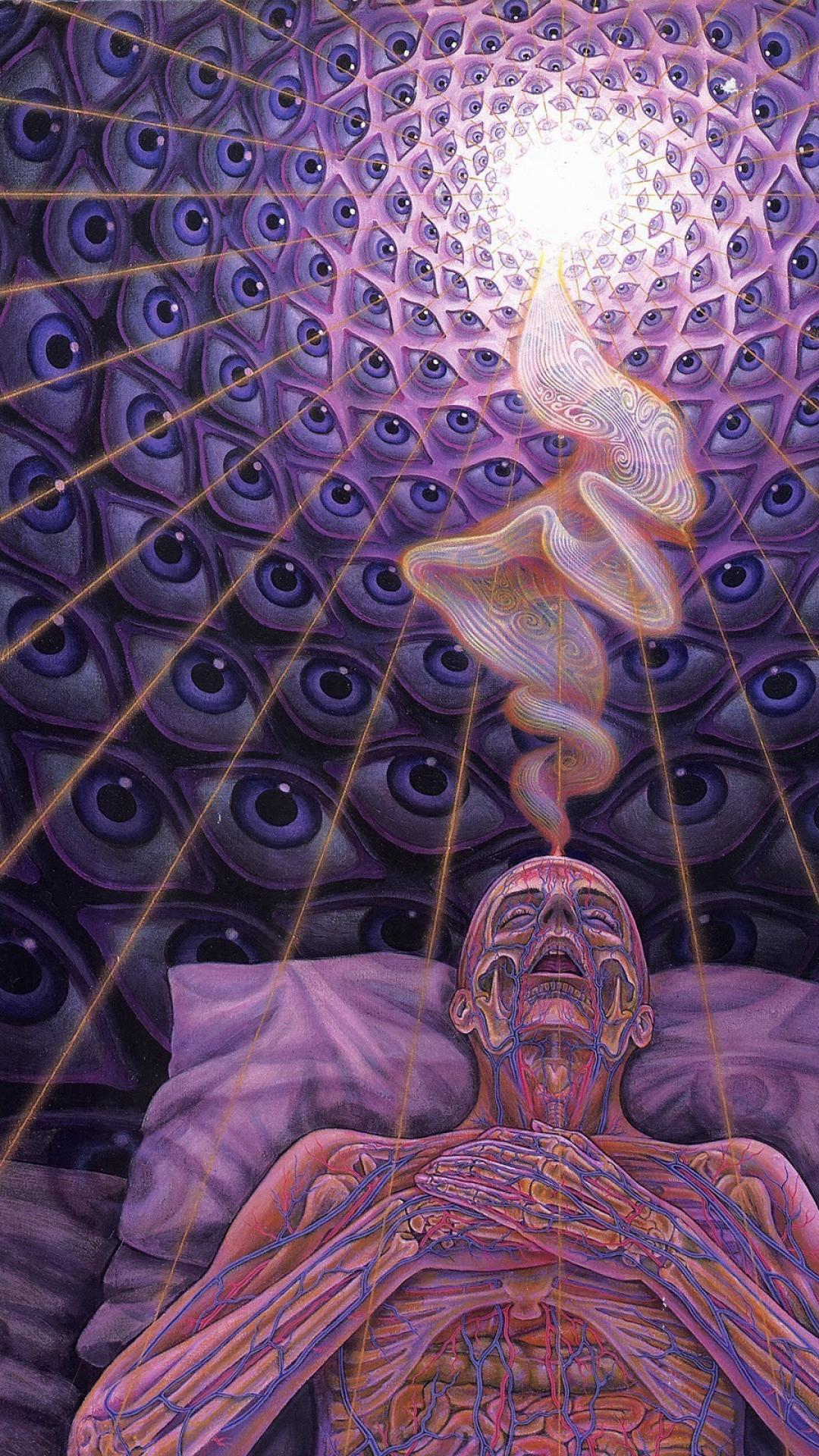 Alex Grey inspired Wallpaper I created with Mid Journey I freaking love  how this turned out Took a lot of prompts and regenerations but this is  the version I like the best