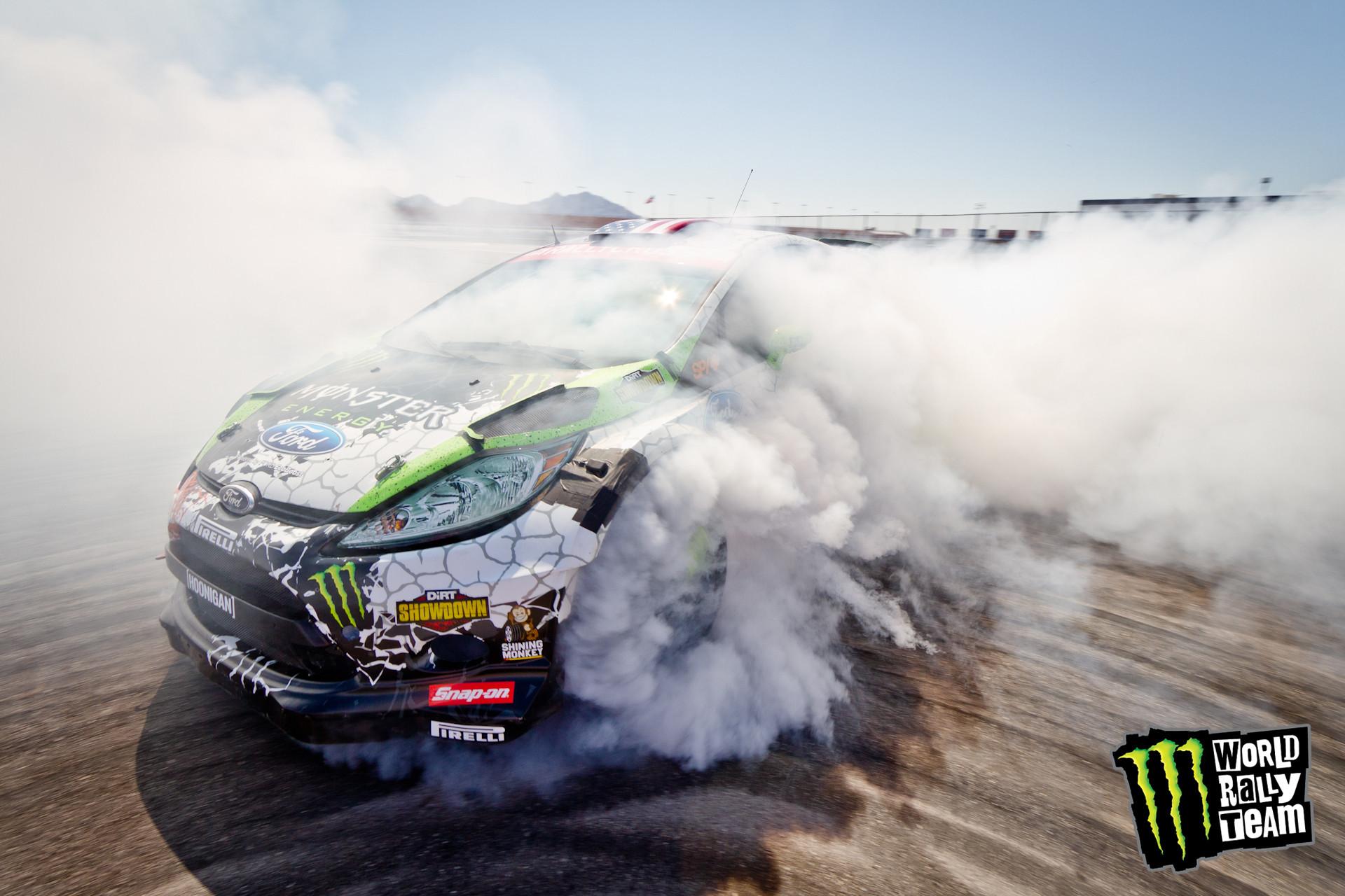 Ken Block drifting in his Ford Fiesta for his Las Vegas tire test