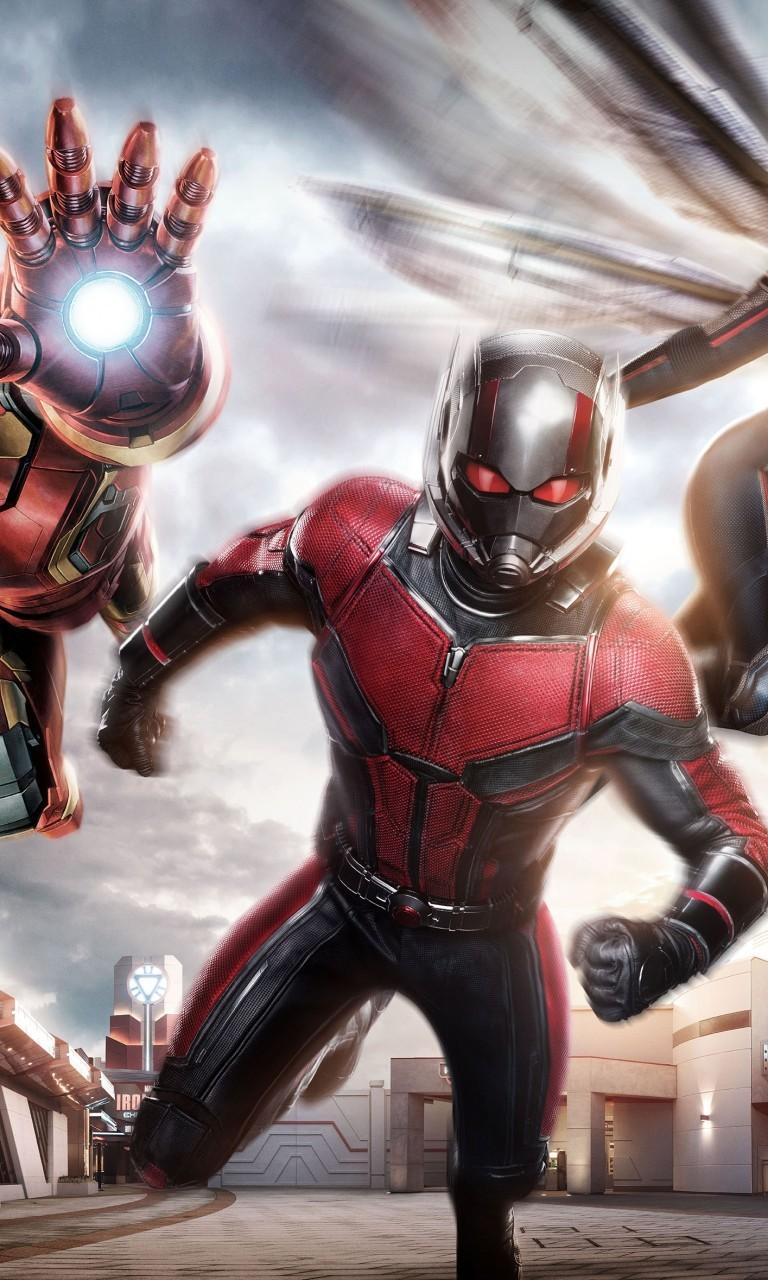 Download 768x1280 Ant Man, Iron Man, Wasp, Flying, Superheroes