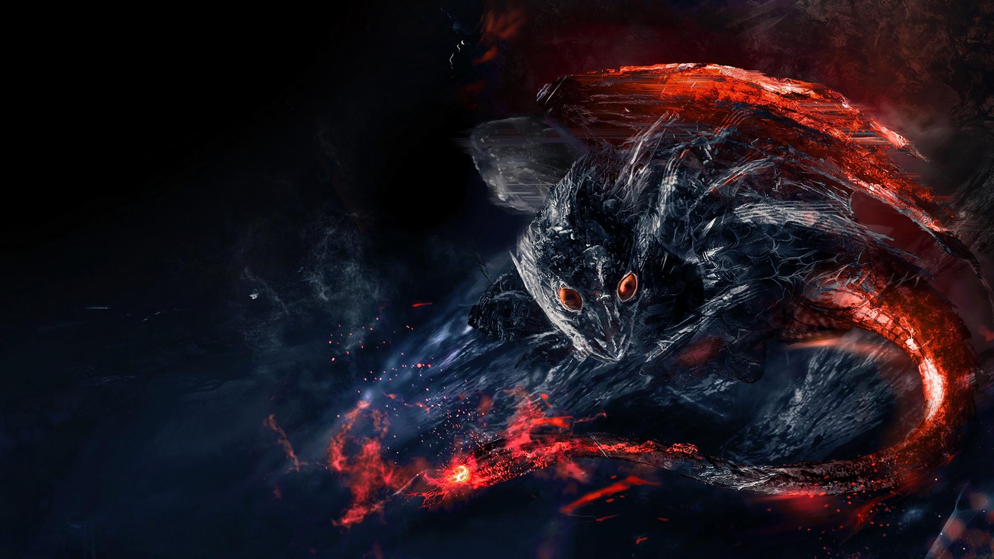 Download wallpaper 2048x1152 dragon, dinosaur, fiery, creature, art