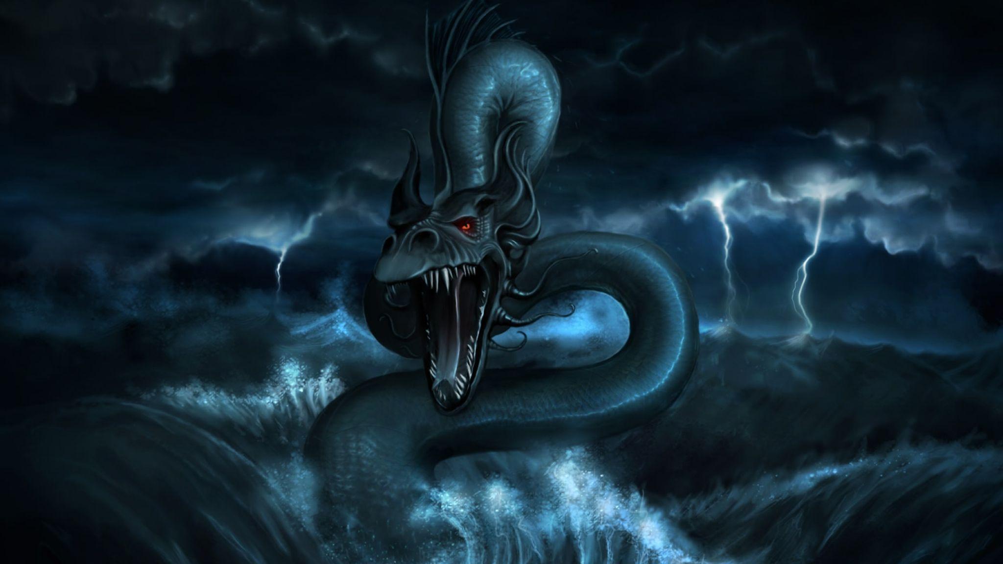Download Wallpaper 2048x1152 Dragon, Monster, Water, Storm HD HD
