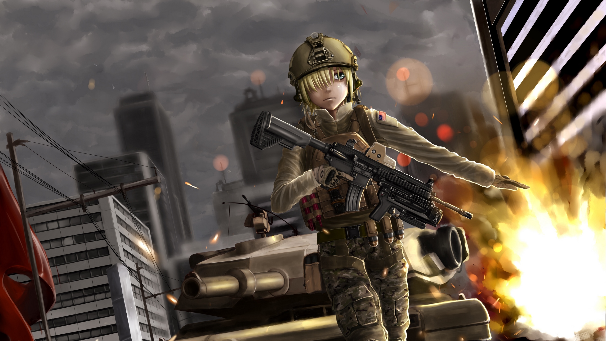 Download wallpaper 2560x1440 battlefield, anime, girl, soldier