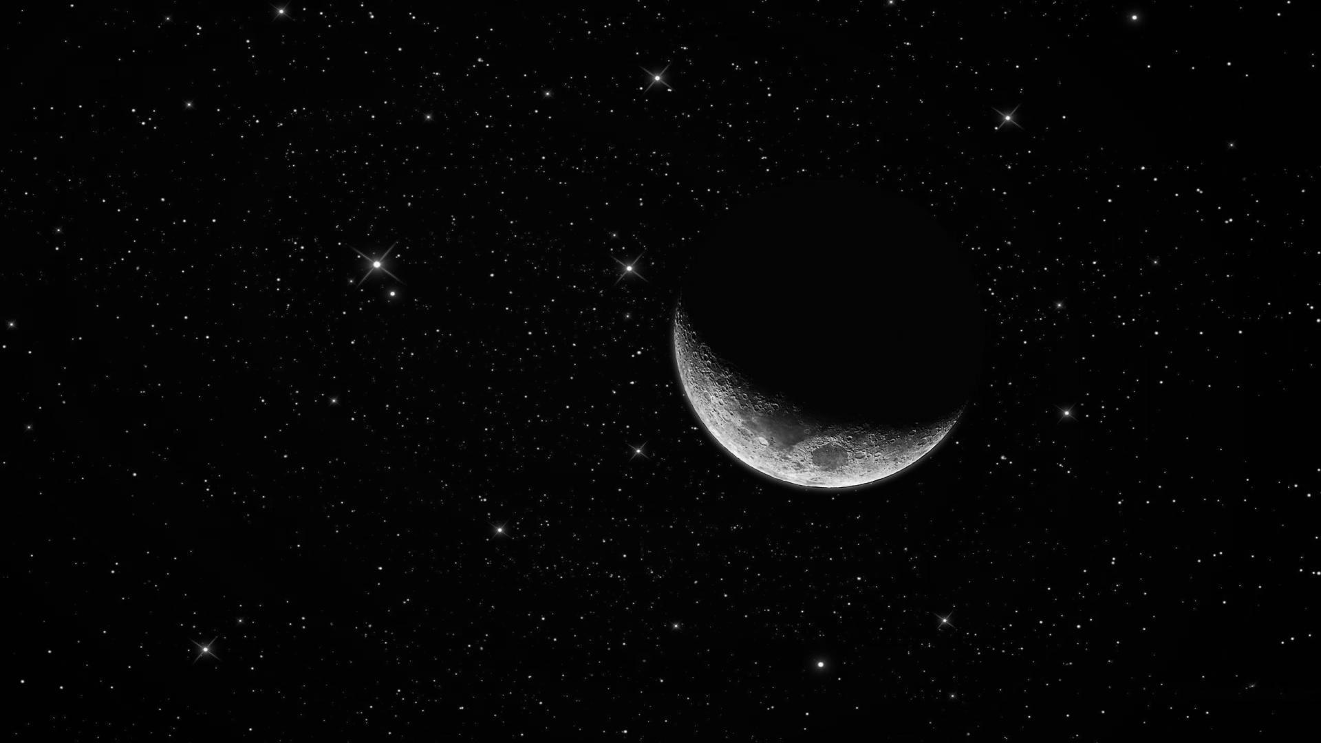 Gray_moon_waning_crescent_darkness_starry_sky_of_hd Wallpaper