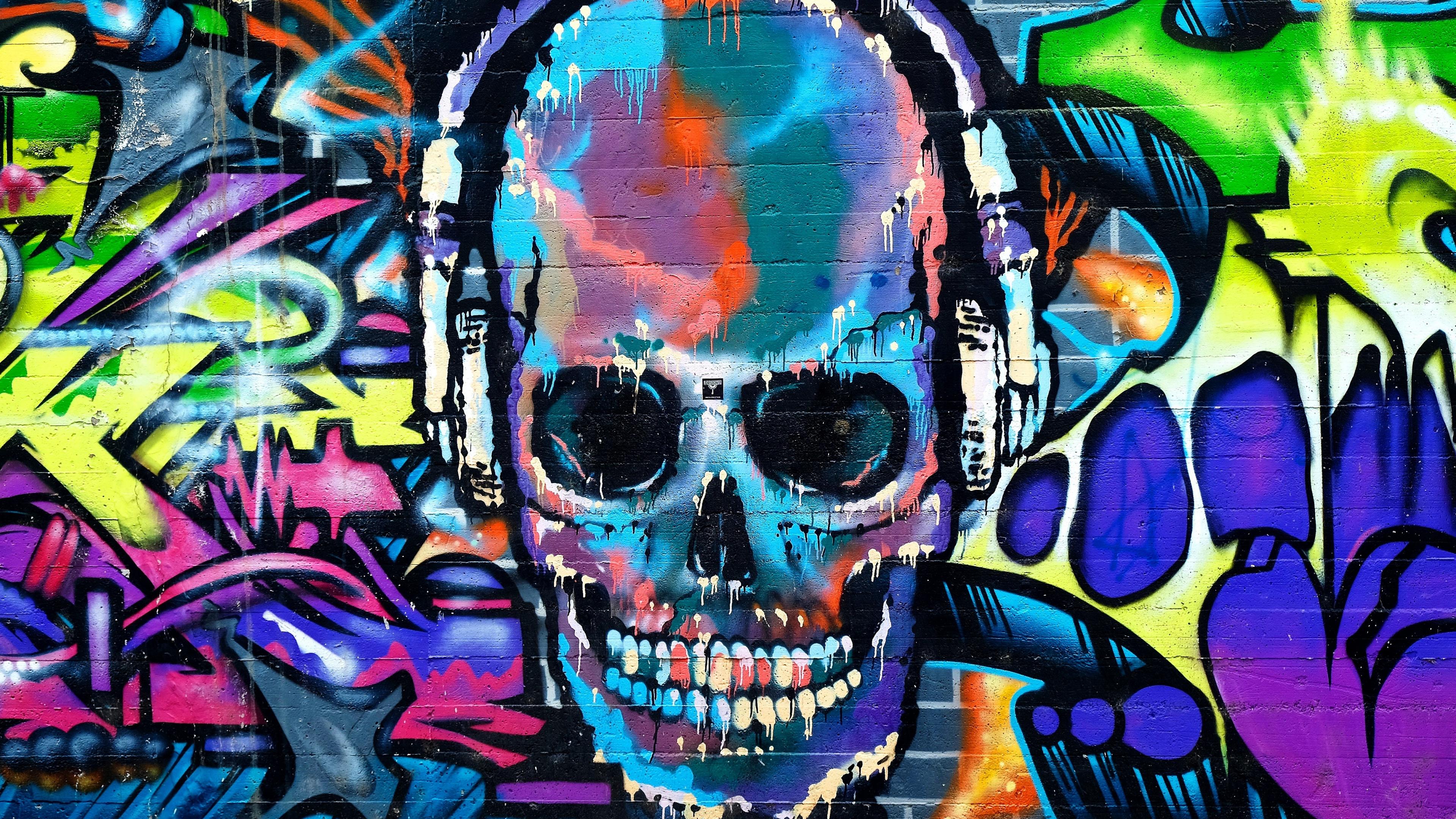 Download 3840x2160 wallpaper graffiti, skull, colorful, street art
