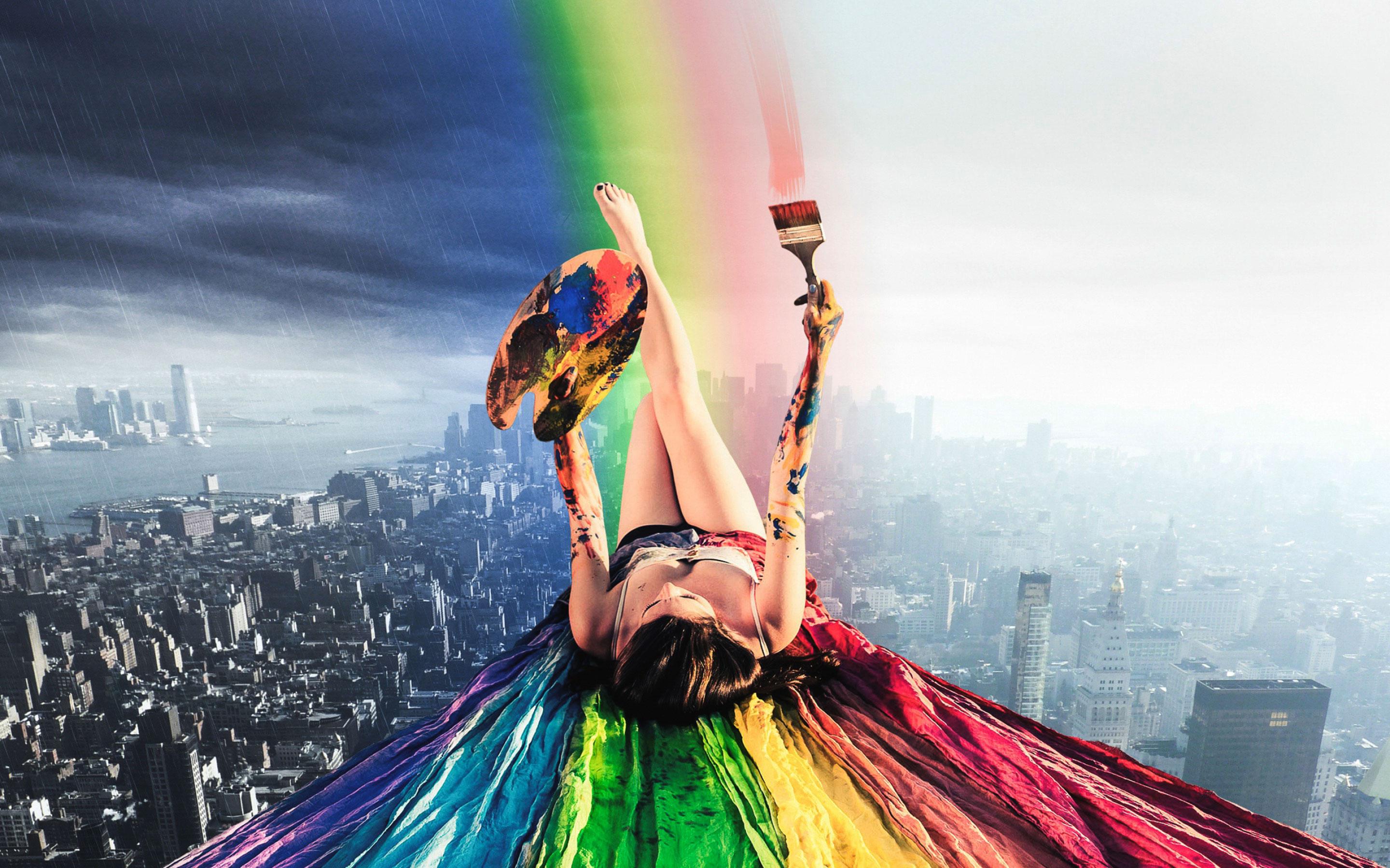 Hot Girl Paint Rainbow Cityscape Surreal Dream HD Wallpaper