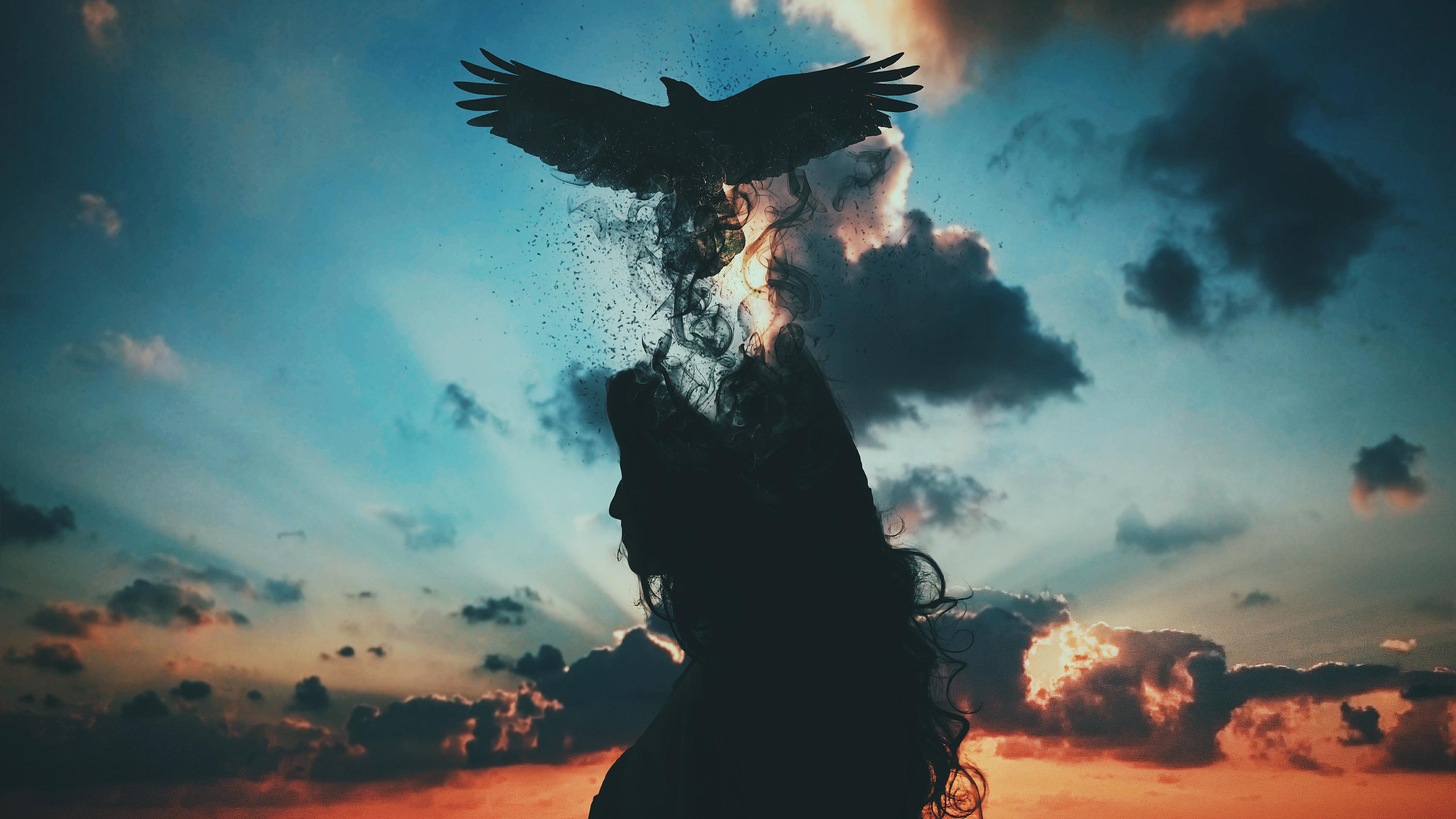 Downaload Surreal, fantasy, dream, bird and woman, sunset wallpaper
