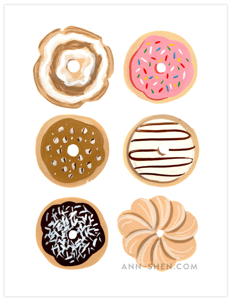 Half a Dozen Donuts Art Print 8x10. themes. Cake