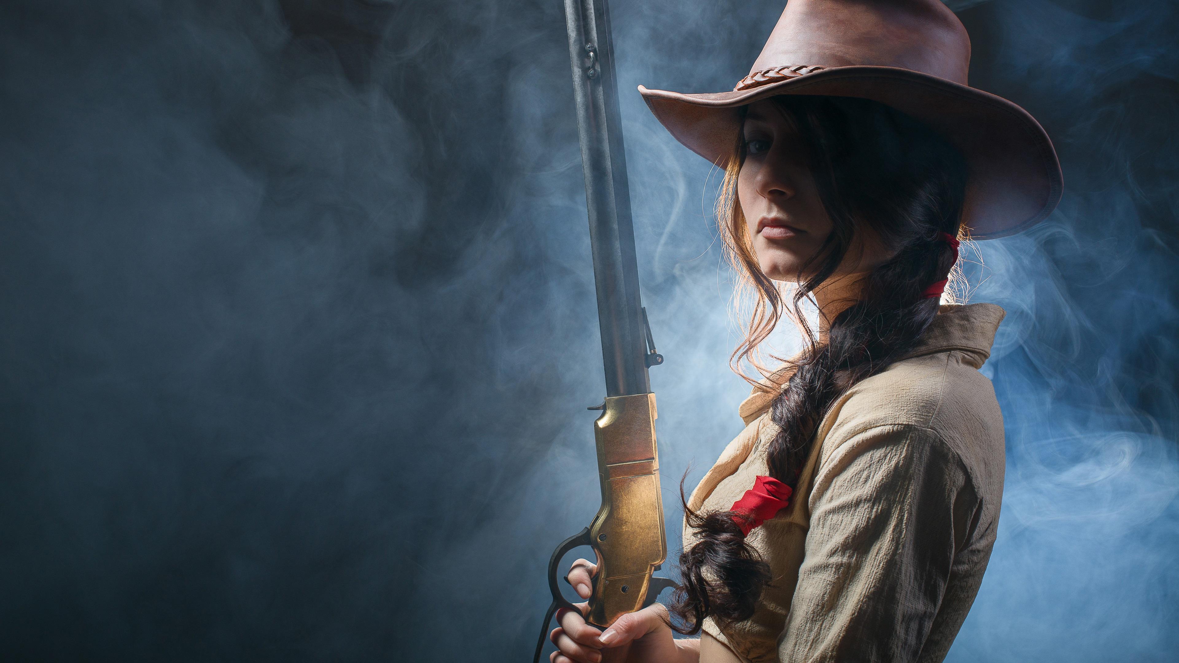 Wallpaper Wild west girl, rifle in hands, cowboy hat 3840x2160 UHD 4K Picture, Image