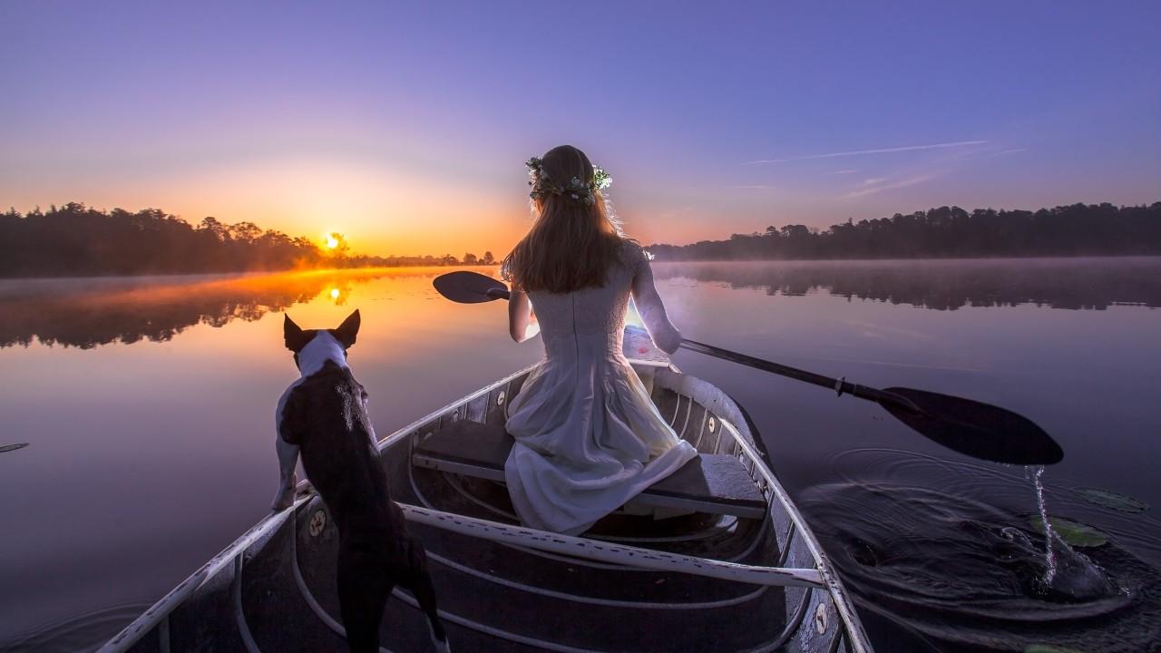 Wallpaper Beautiful girl, Boat, Dog, Sunset, Photography