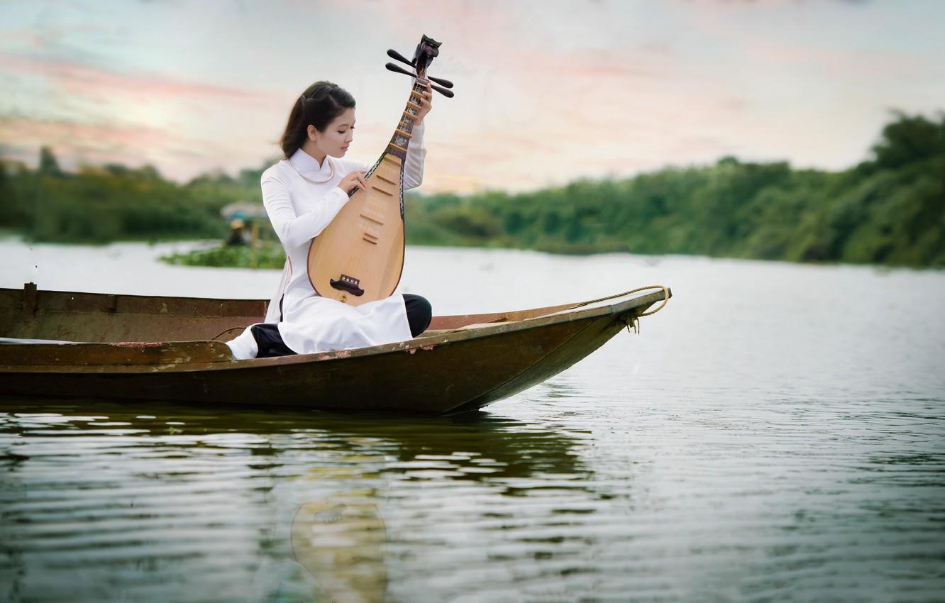 Wallpaper girl, music, boat, tool, Asian, pond image for desktop