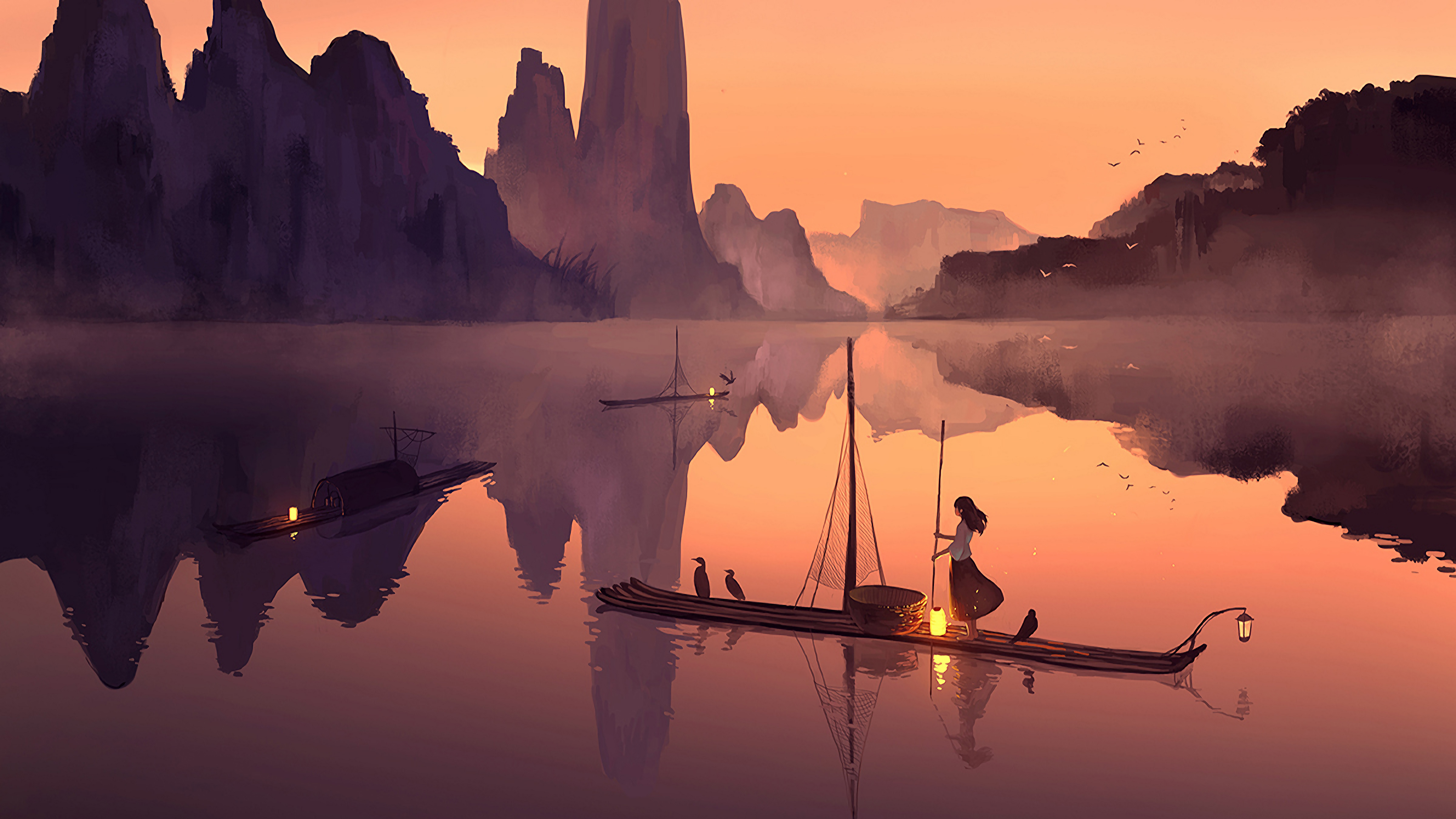 Girl Boat Valley Birds Evening Sale 4k, HD Artist, 4k Wallpaper