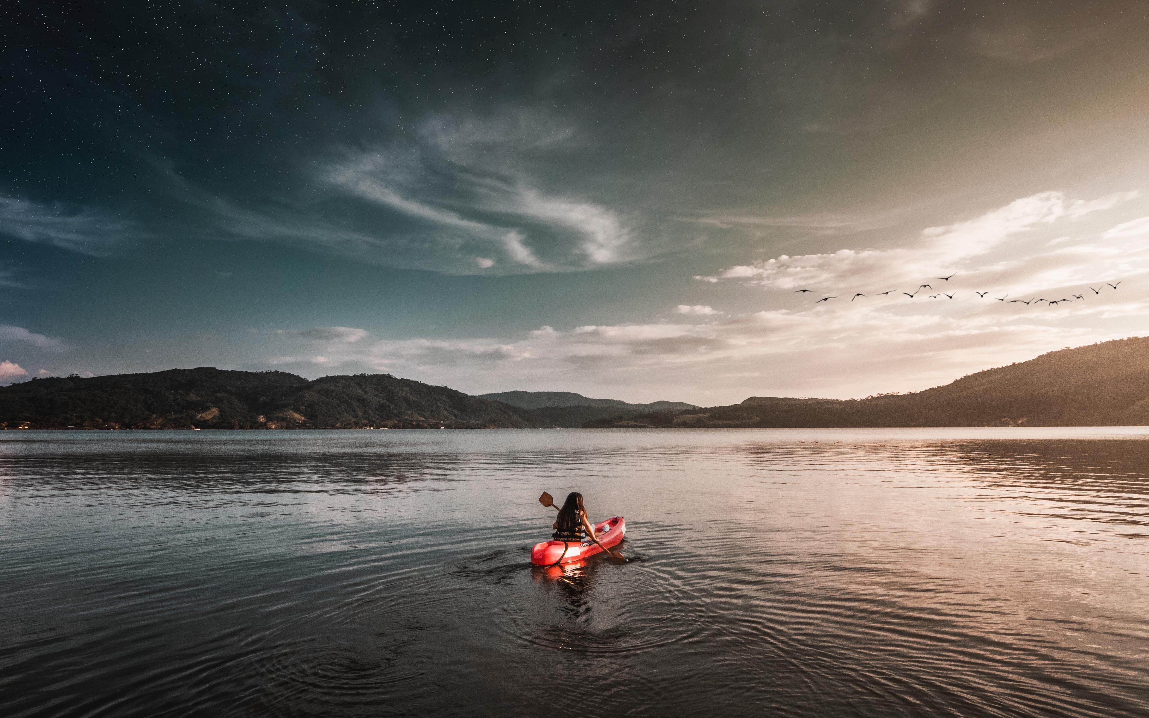 Download wallpaper 3840x2400 boat, lake, girl, solitude, alone