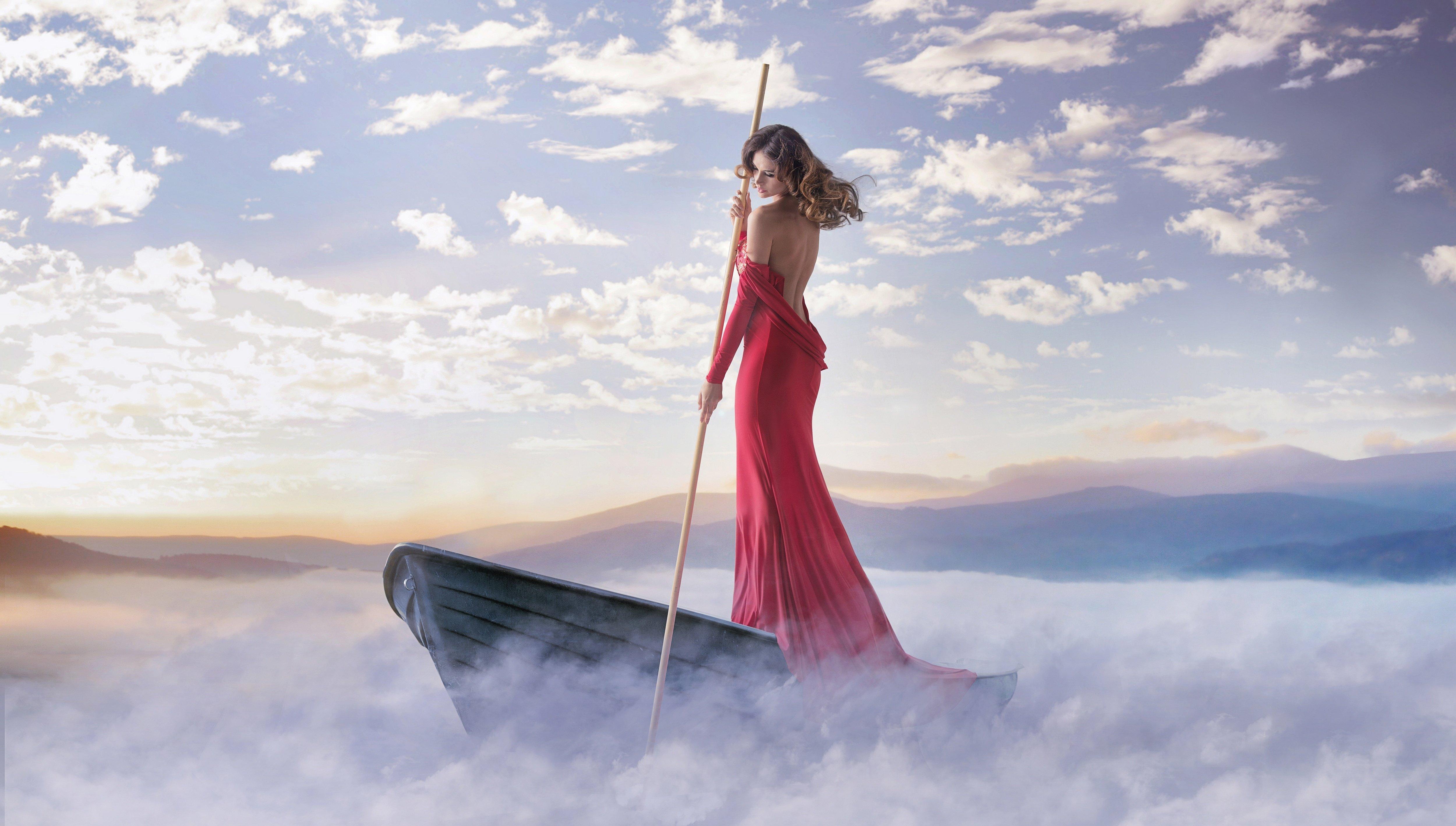 girl, Dress, Cleavage, Boat, Pole, Mood, Fog, Lake, Dream, Babe