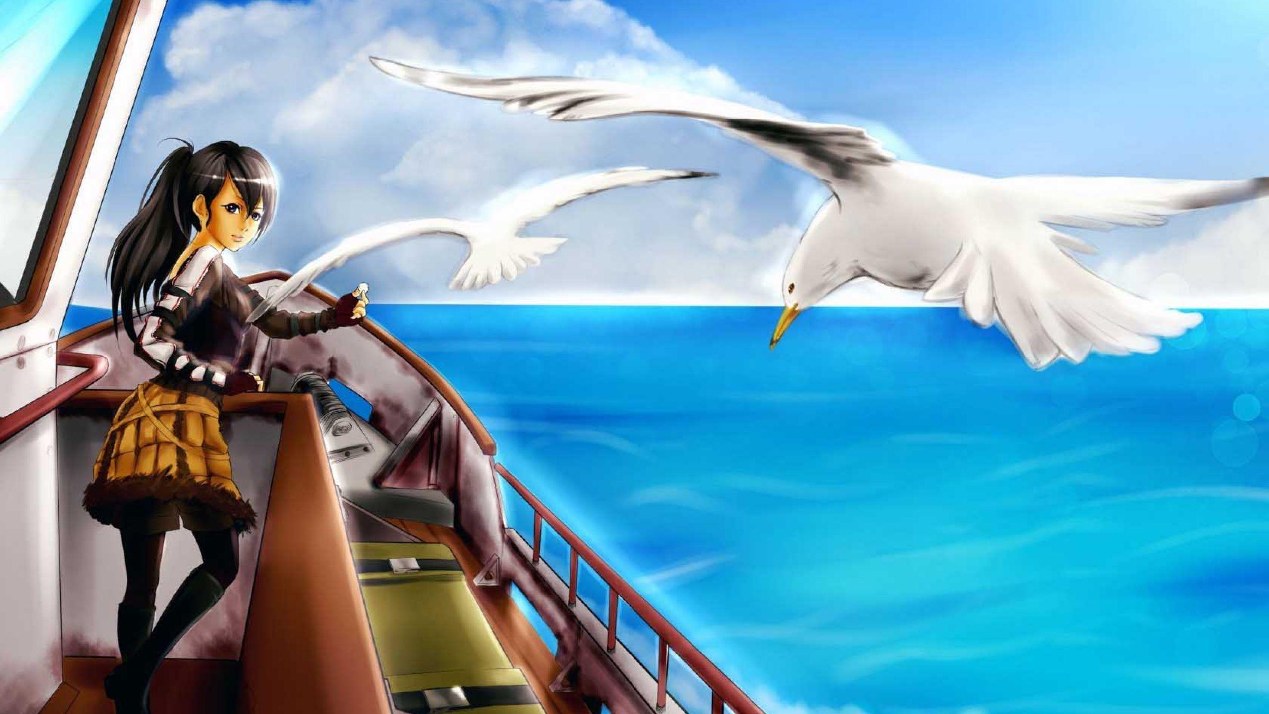 Art Sea Girl Boat Gulls Birds Wallpaper Wallpaper. All is Wall