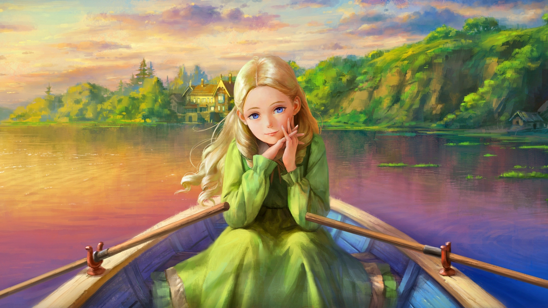 blue eyes, boat, pond, fantasy, girl, blonde wallpaper