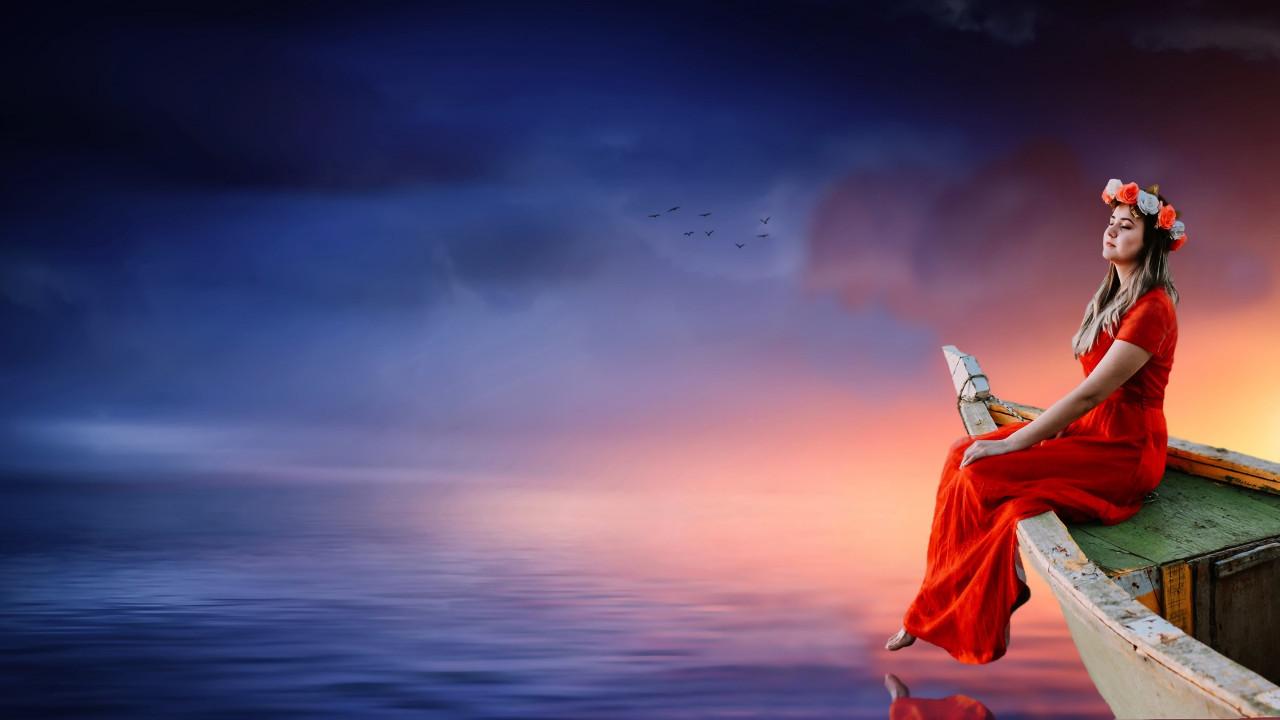 Download wallpaper: Beautiful girl, sunset, boat, lake, dreaming